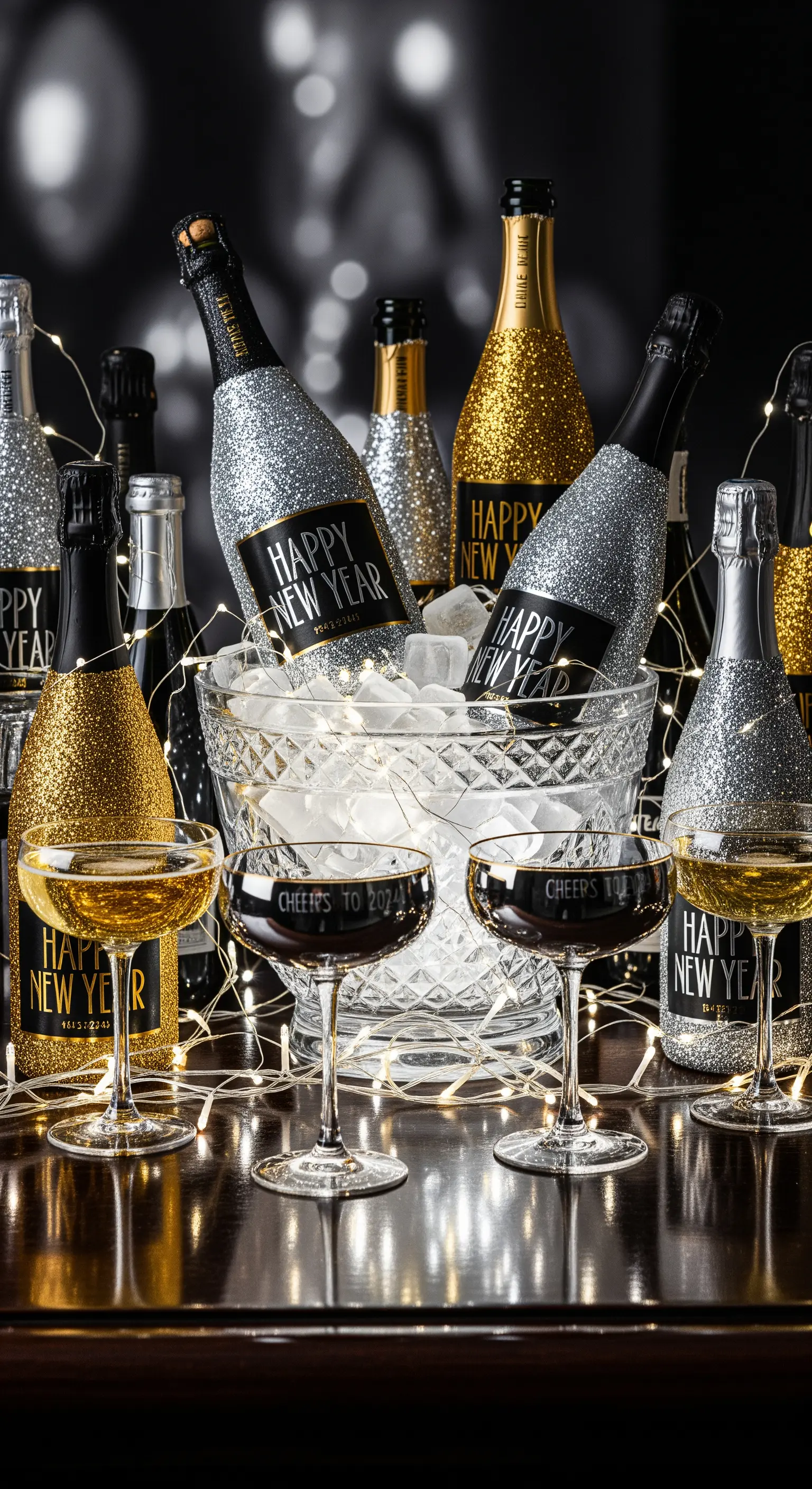 Bottiglie di spumante decorate con glitter argento e oro, immerse nel ghiaccio con luci a LED.