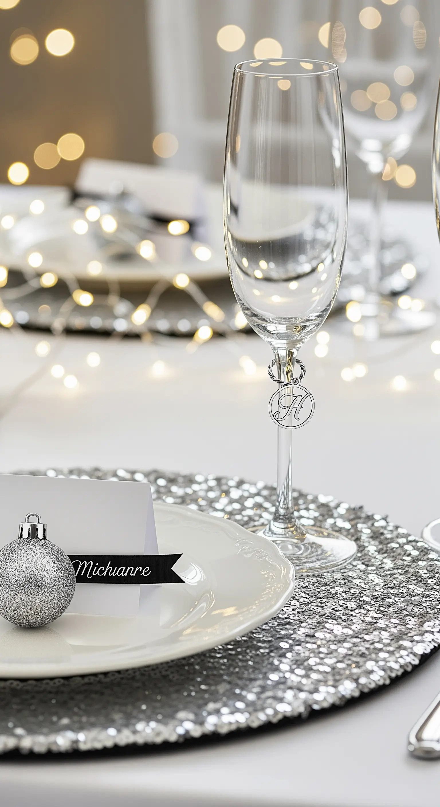 Tavola di Capodanno con tovaglietta di paillettes argentate e pallina come segnaposto