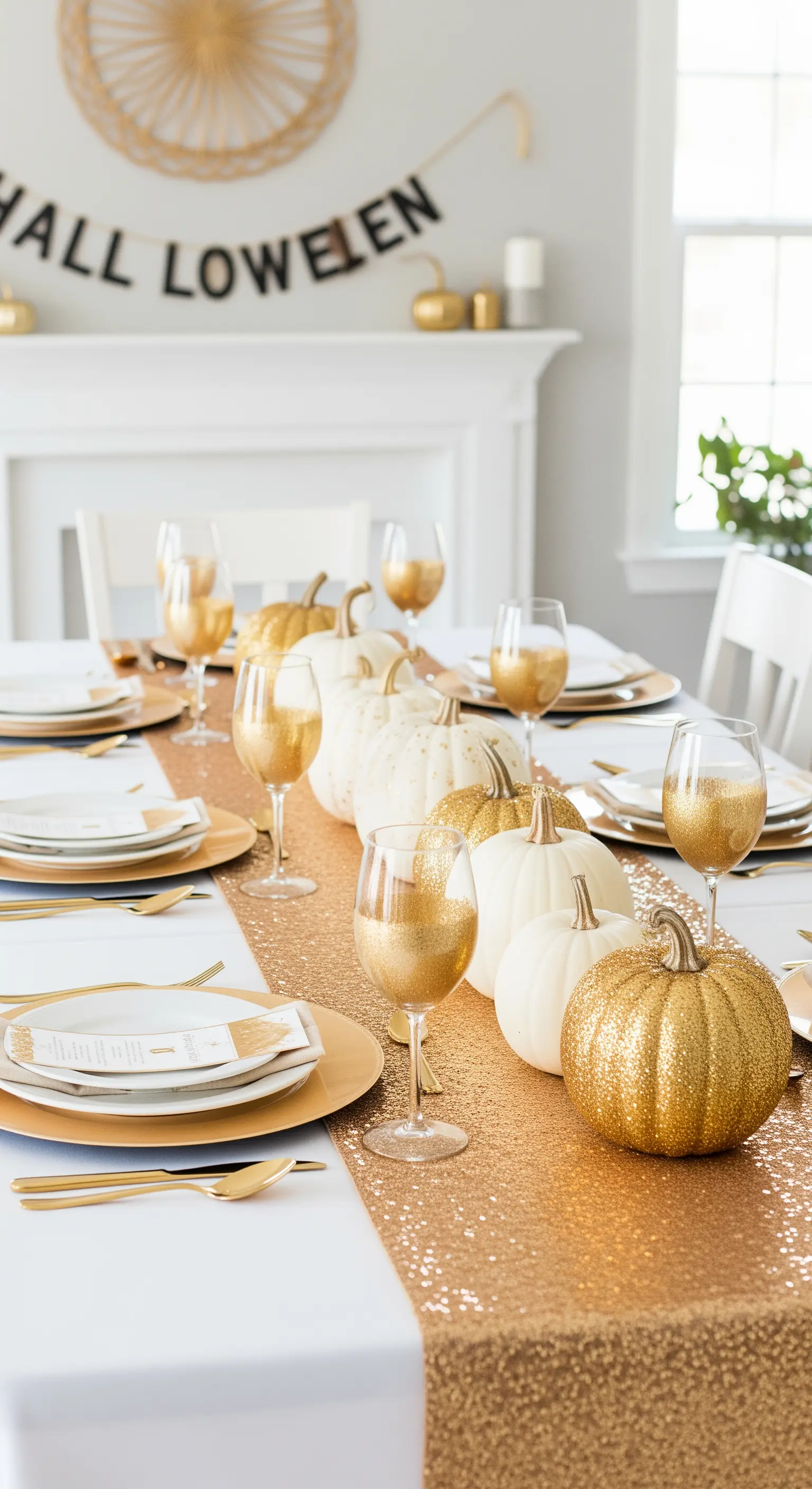 Tavola con runner di paillettes dorate e un mix di zucche bianche e glitterate.