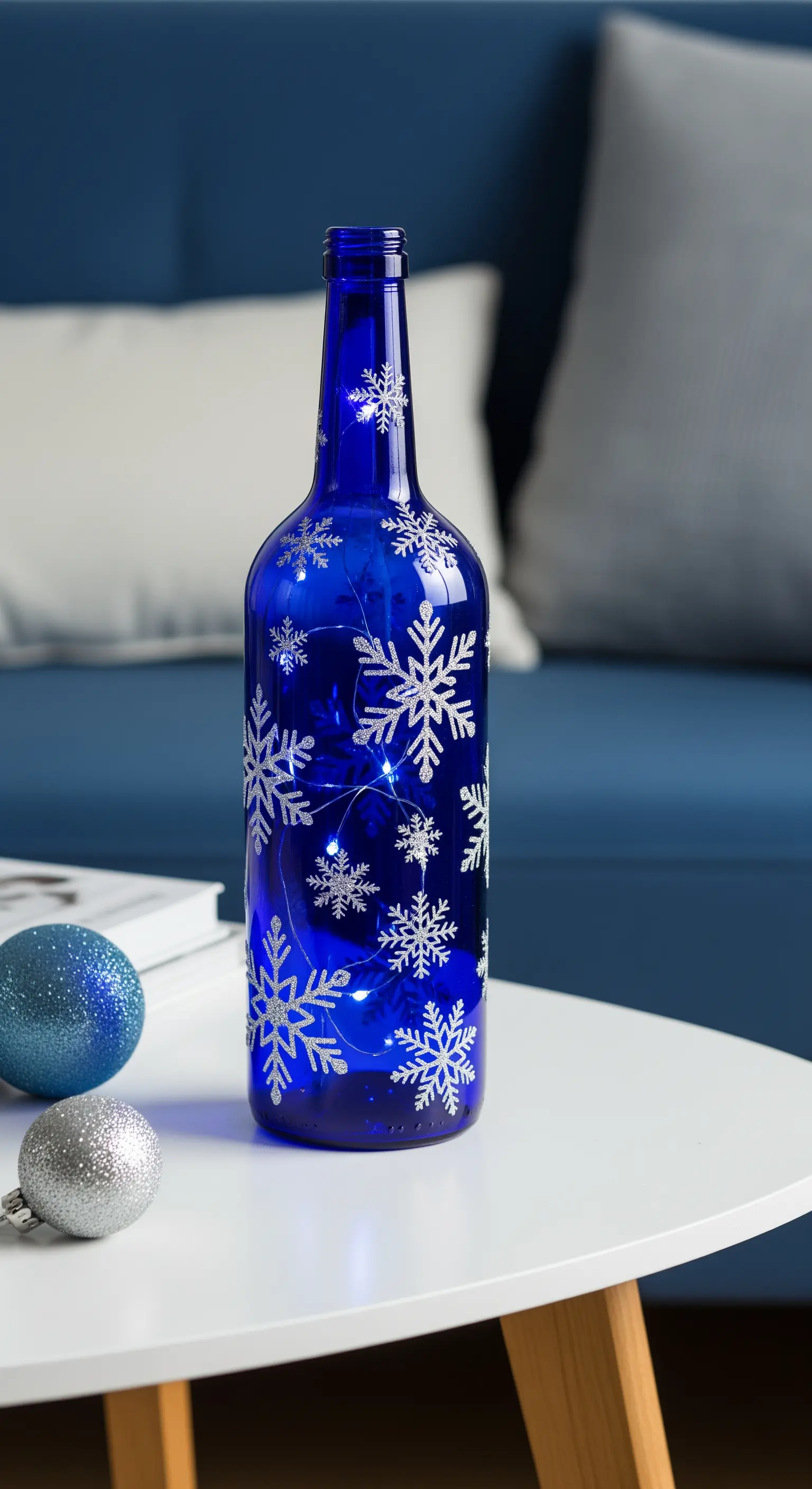 Bottiglia di vetro blu intenso decorata con fiocchi di neve argentati e glitterati.