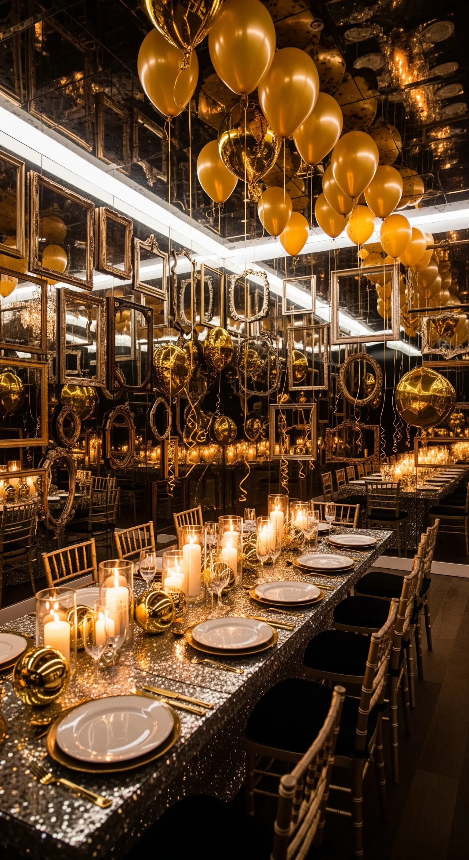 Sala con pareti di specchi, tavola con paillettes e palloncini dorati che si riflettono.
