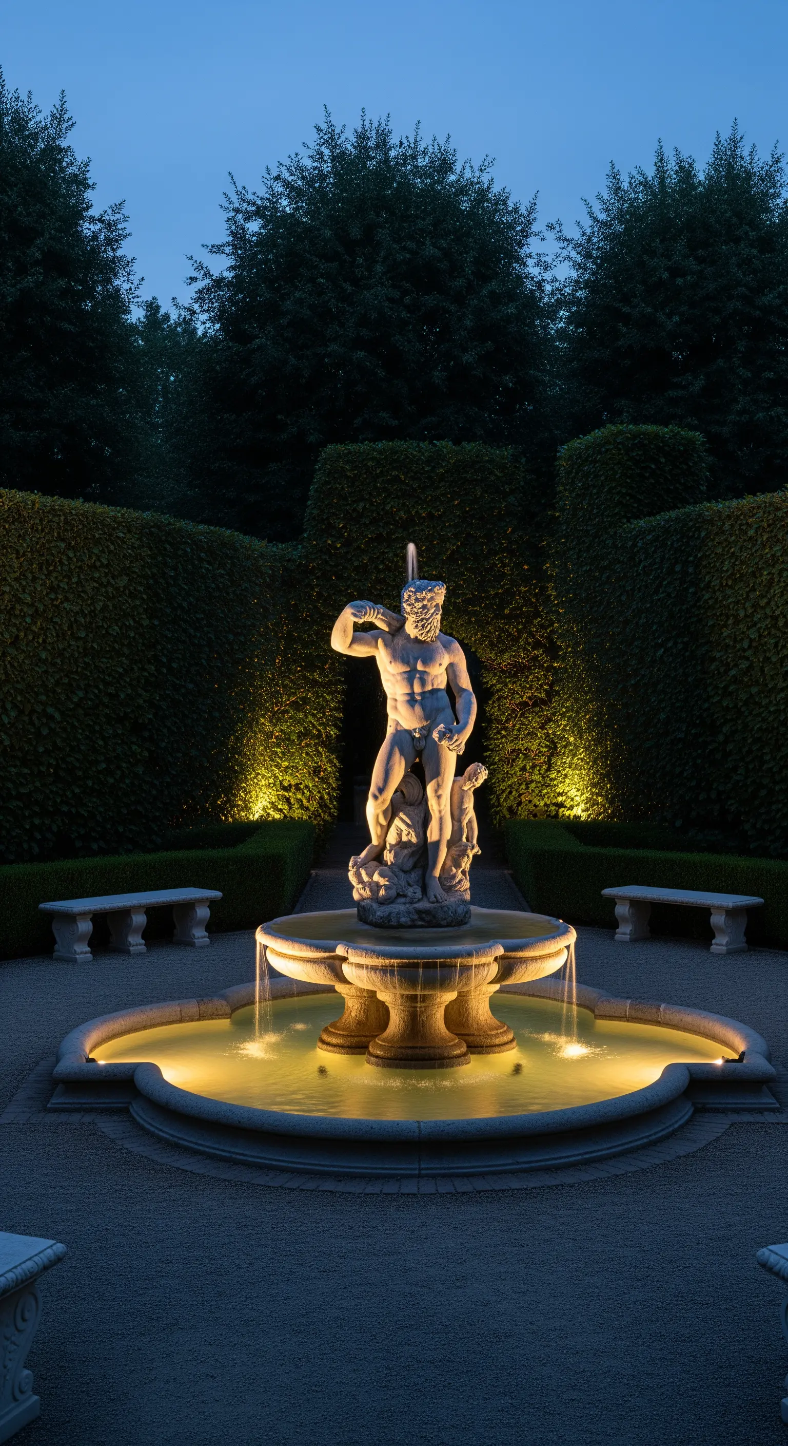 Statua di Nettuno e fontana illuminate con luce calda durante il crepuscolo, circondate da siepi scure