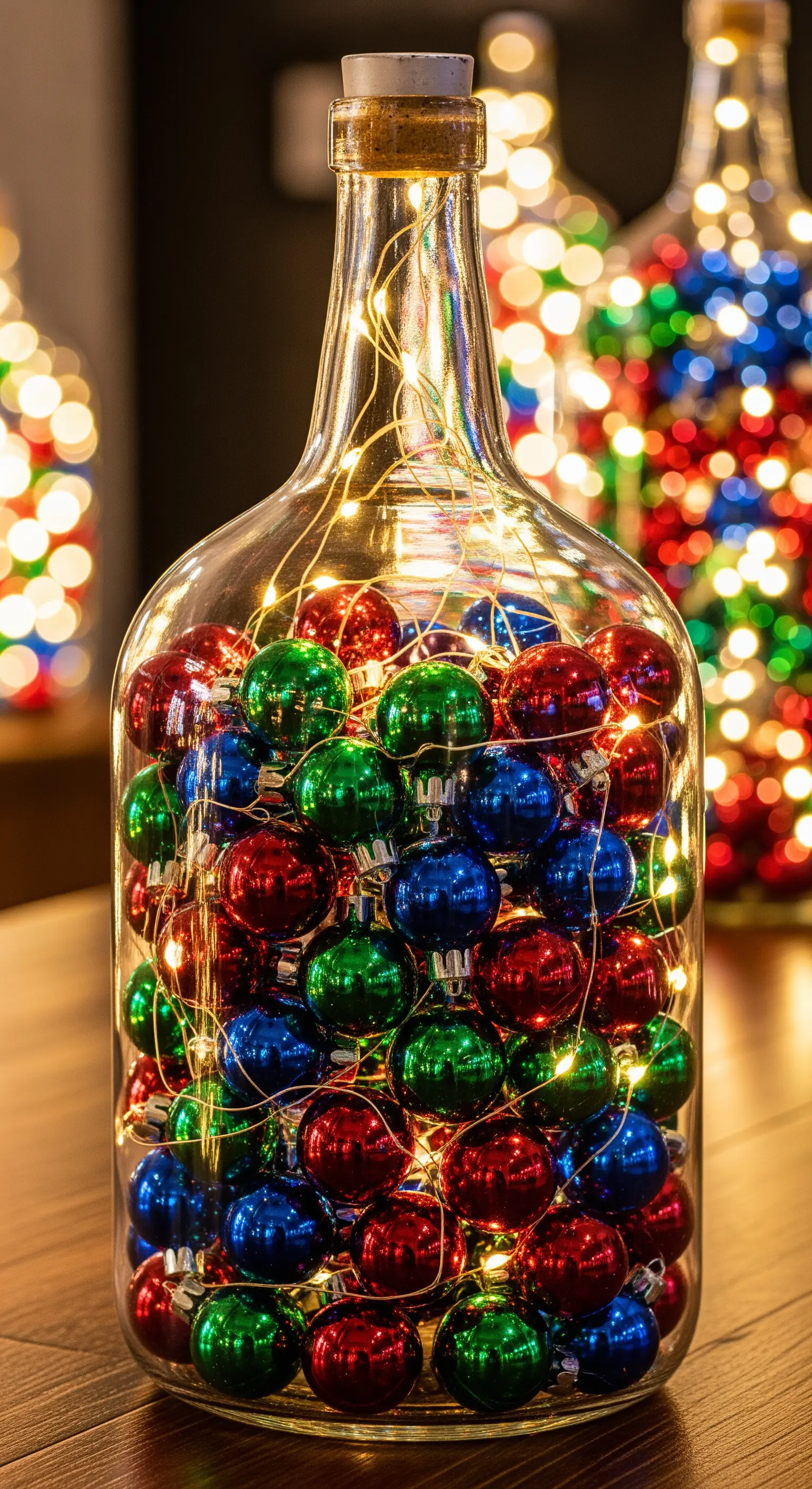 Bottiglia a collo largo riempita con piccole palline di Natale colorate e lucine LED.