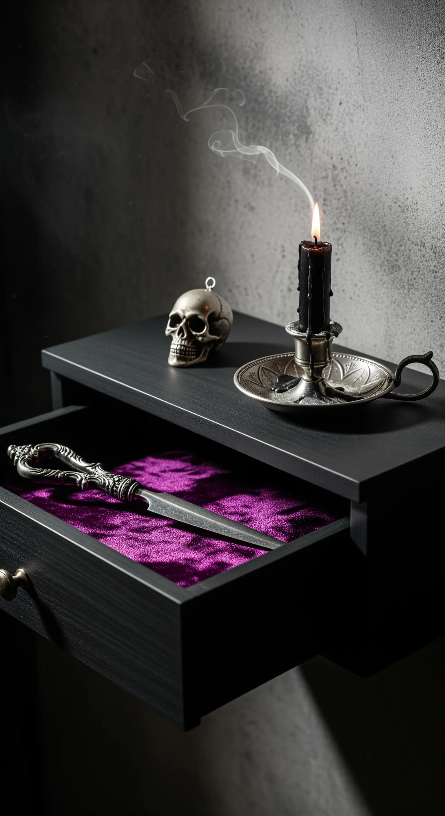 Cassetto nero con interno in velluto viola, che contiene un tagliacarte ornamentale e un teschio.