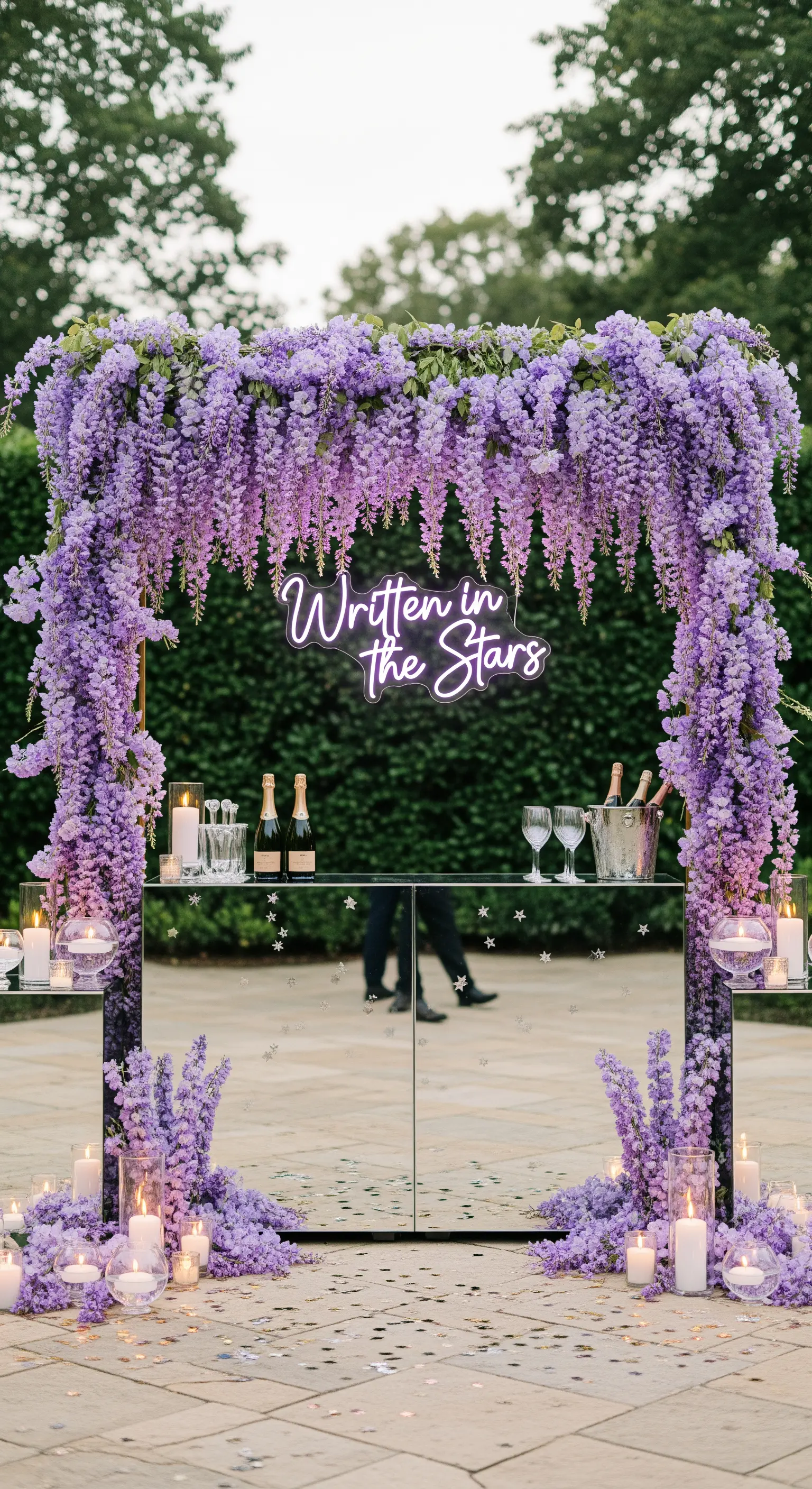 Arco di glicine viola sopra un bar a specchio con insegna 