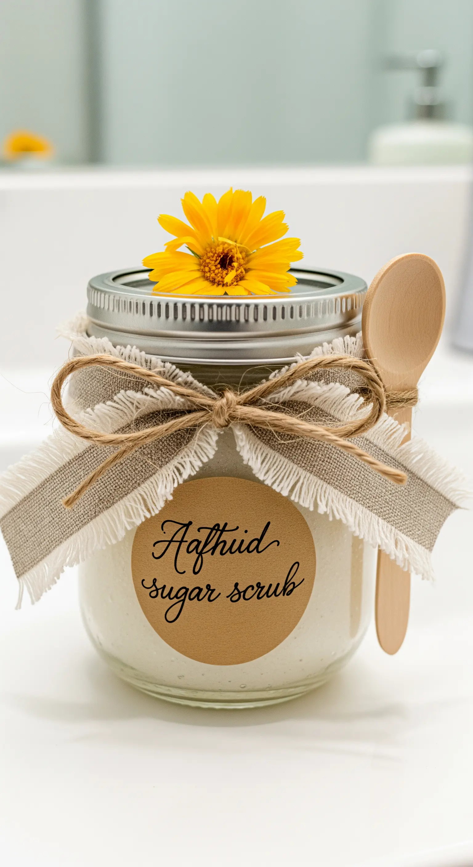 Vasetto di scrub allo zucchero fatto in casa con etichetta calligrafica e nastro di lino.