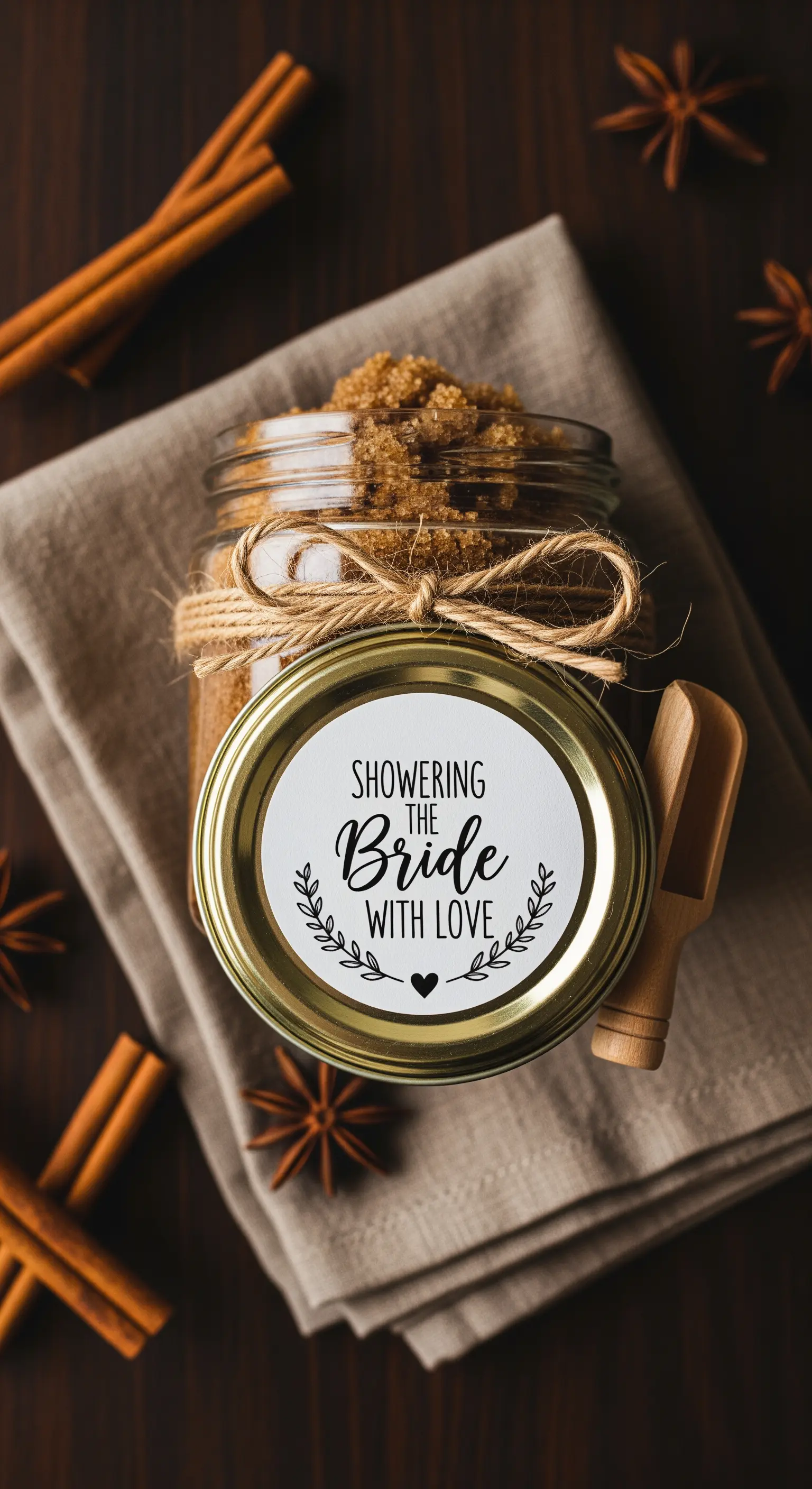 Vasetto di scrub corpo allo zucchero di canna fatto in casa con etichetta personalizzata.