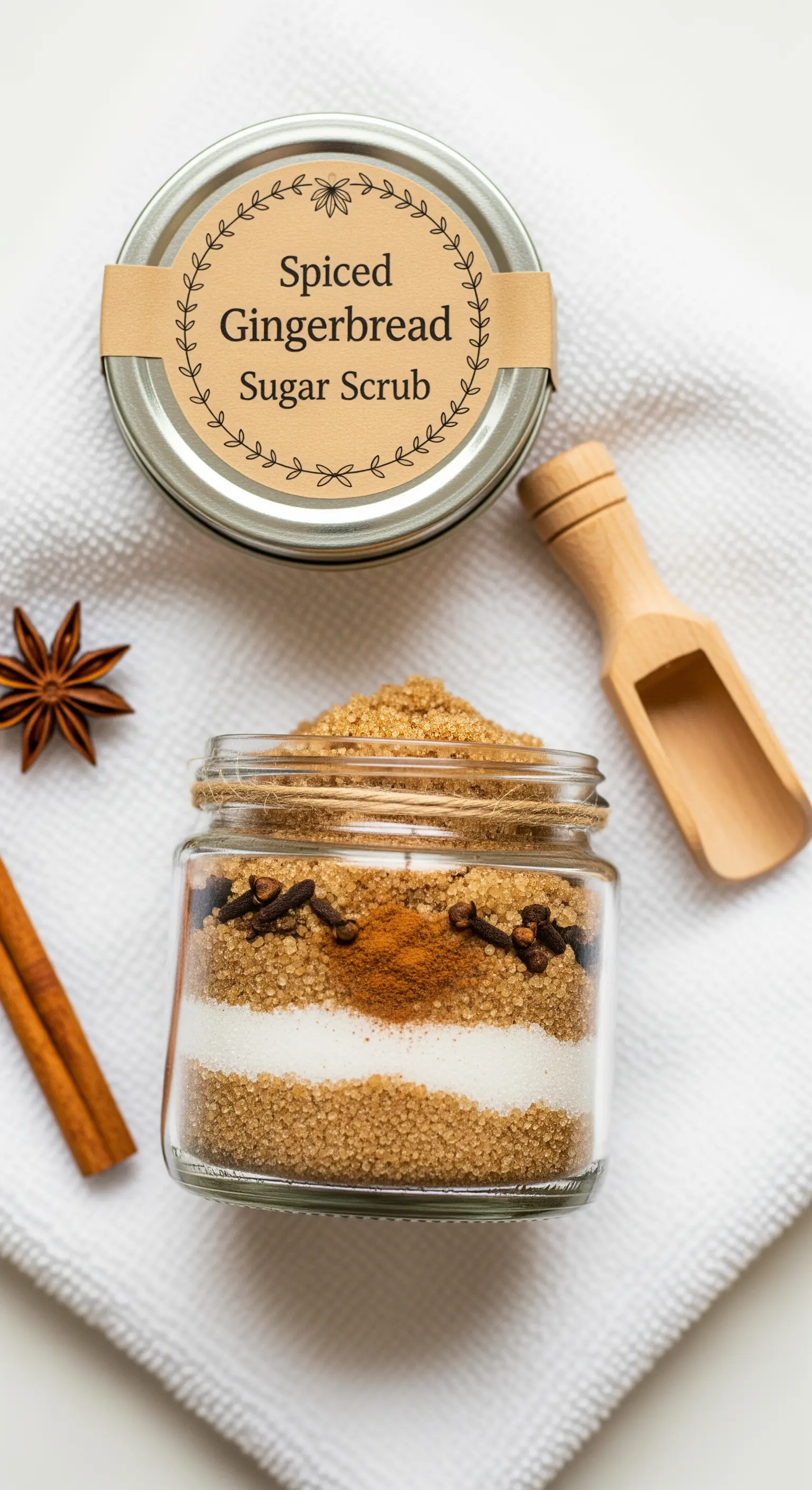 Barattolo di vetro con scrub allo zucchero speziato, con cannella e chiodi di garofano.