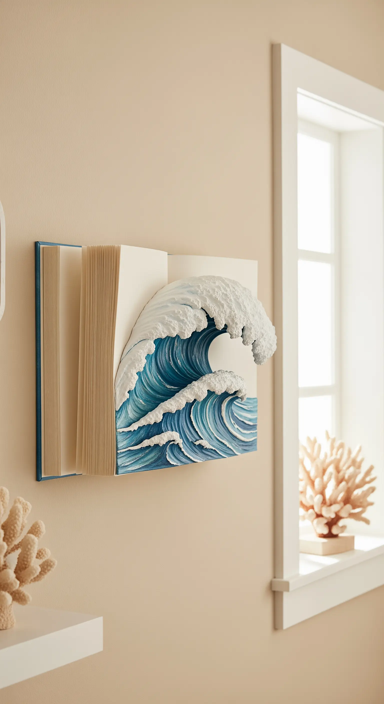 Scultura tridimensionale di un'onda marina che emerge dalle pagine di un libro appeso al muro.