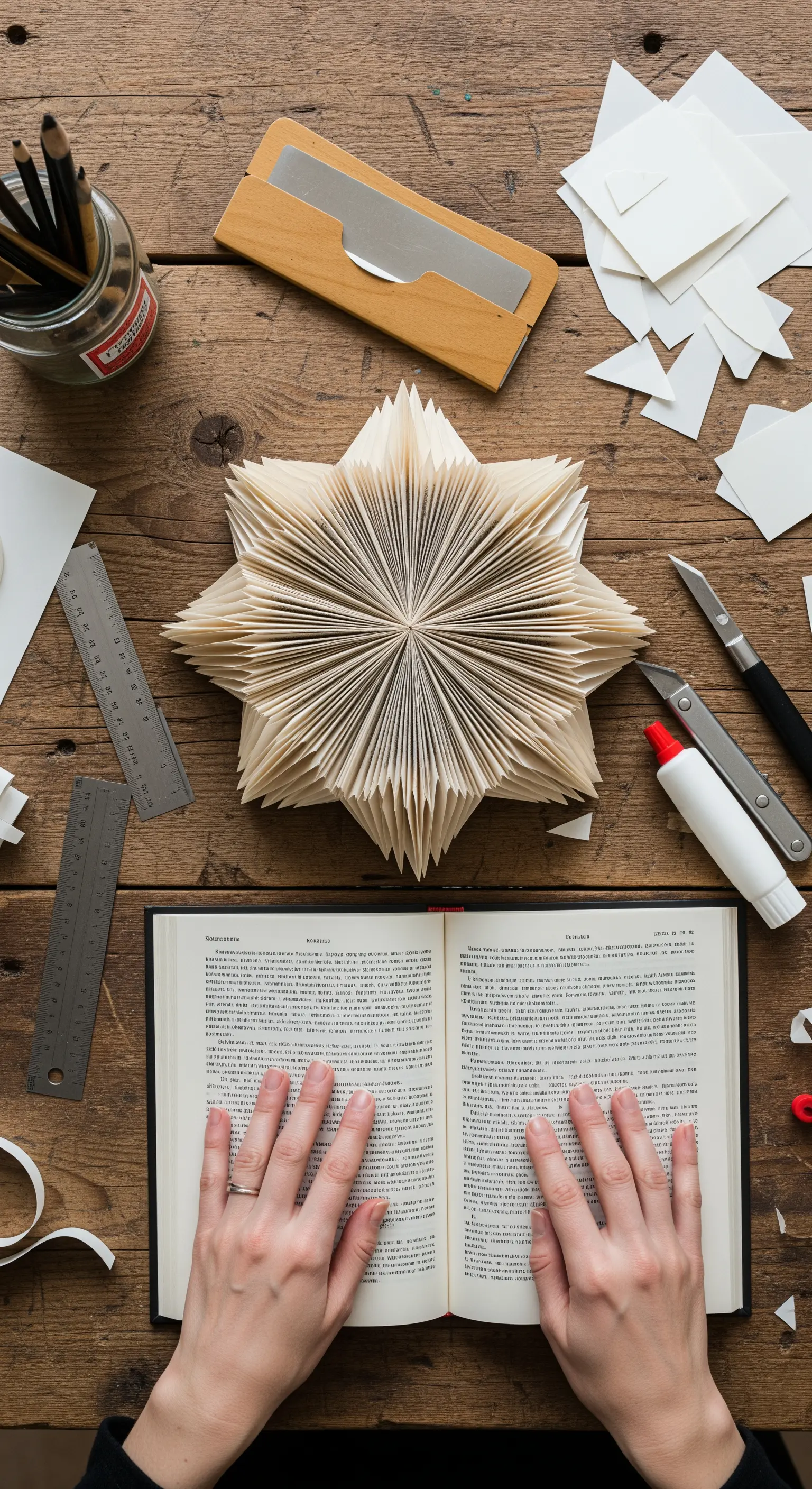 Mani che lavorano alla creazione di una stella 3D piegando le pagine di un libro su un tavolo da lavoro.