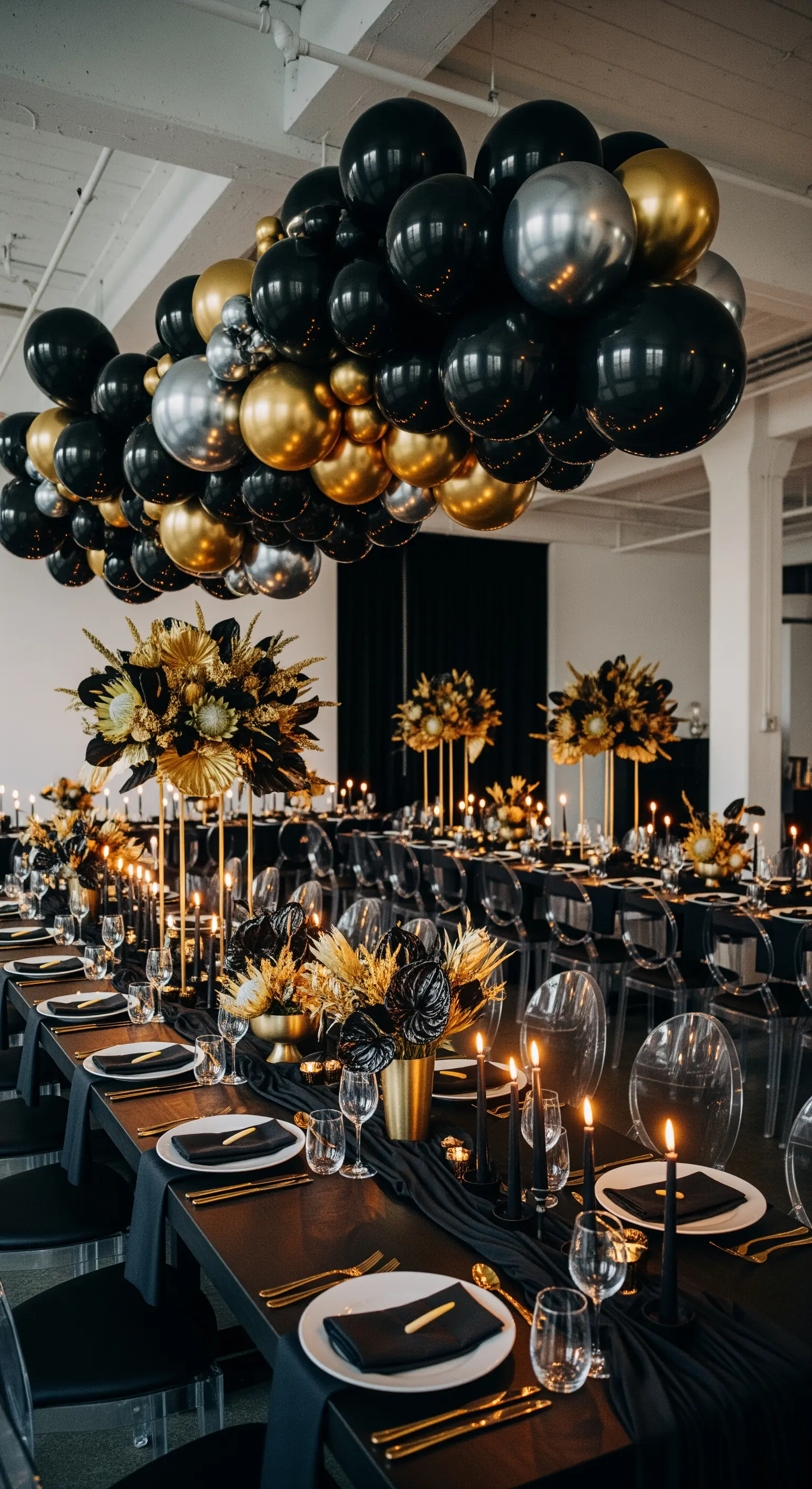 Tavoli imperiali per matrimonio con una nuvola di palloncini neri e oro sospesa.