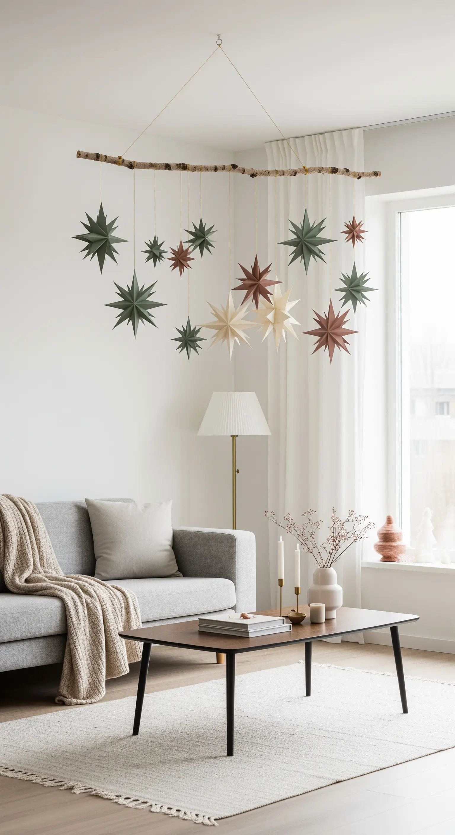 Installazione di stelle di carta colorate appese a un ramo sopra un divano grigio