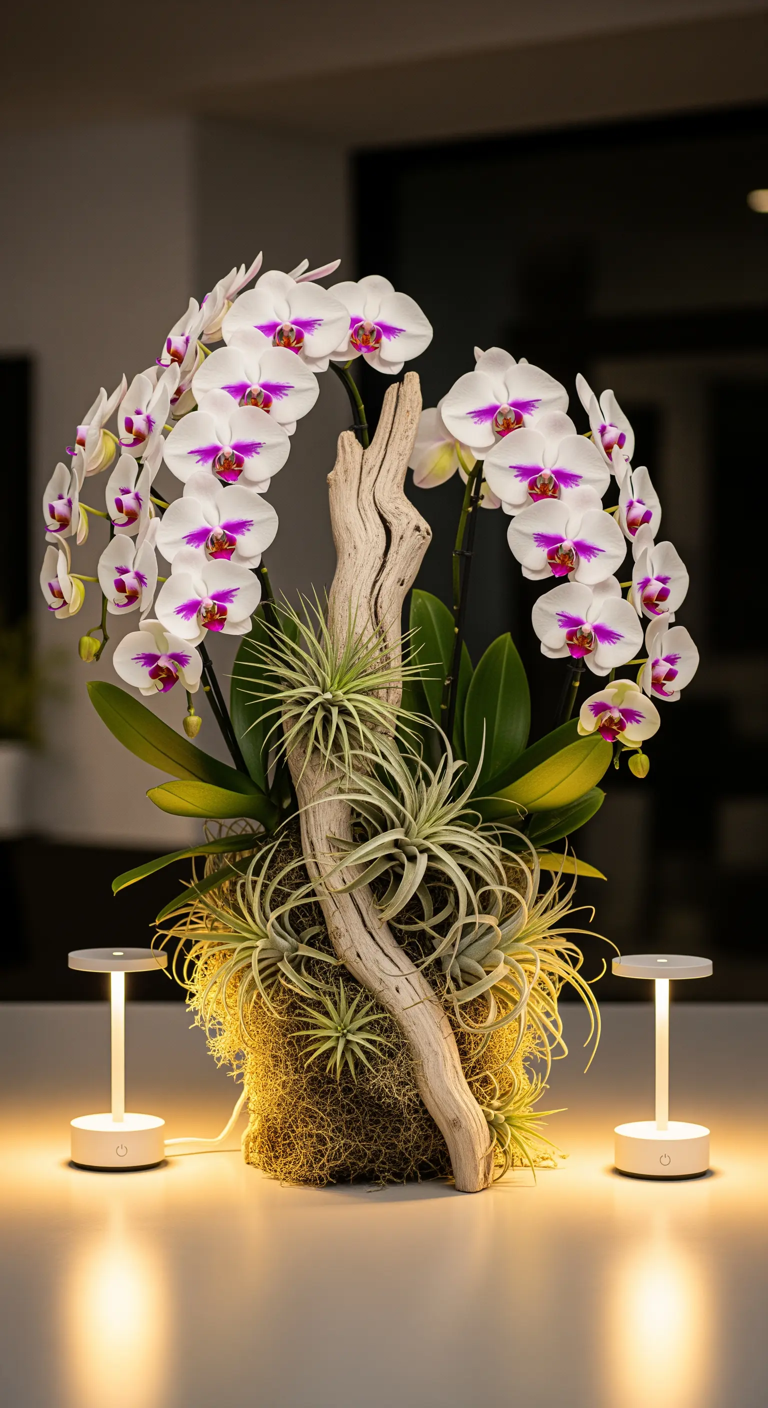 Composizione scultorea con orchidee, piante aeree e legno, illuminata da due piccole lampade.