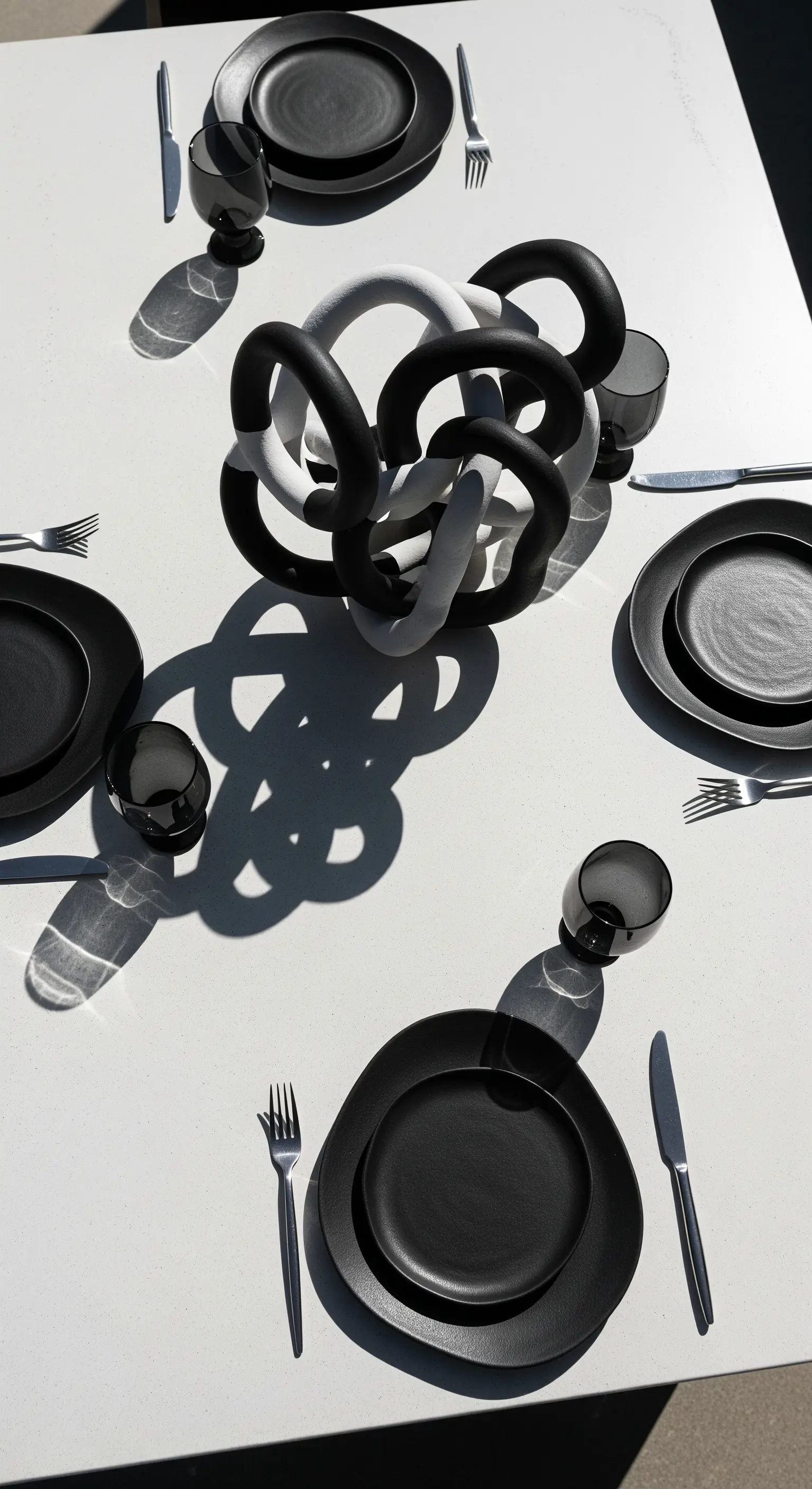 Tavola bianca minimalista con piatti neri organici e una scultura astratta come centrotavola.