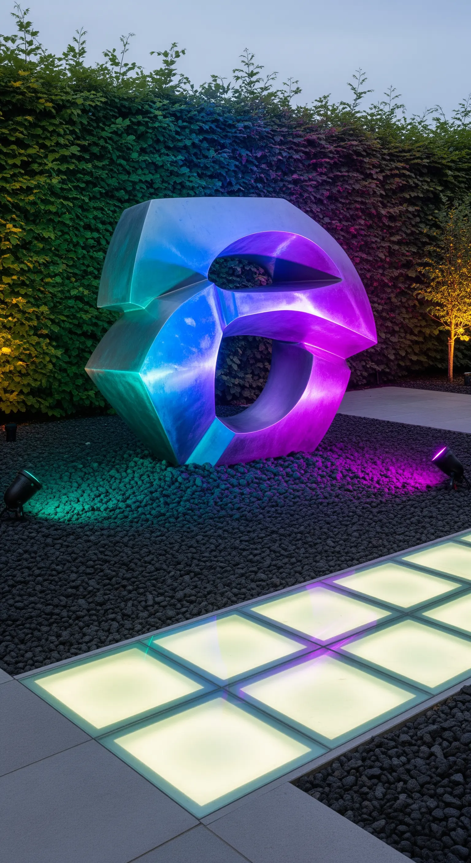Scultura metallica astratta illuminata da luci colorate viola e blu, accanto a un sentiero luminoso.