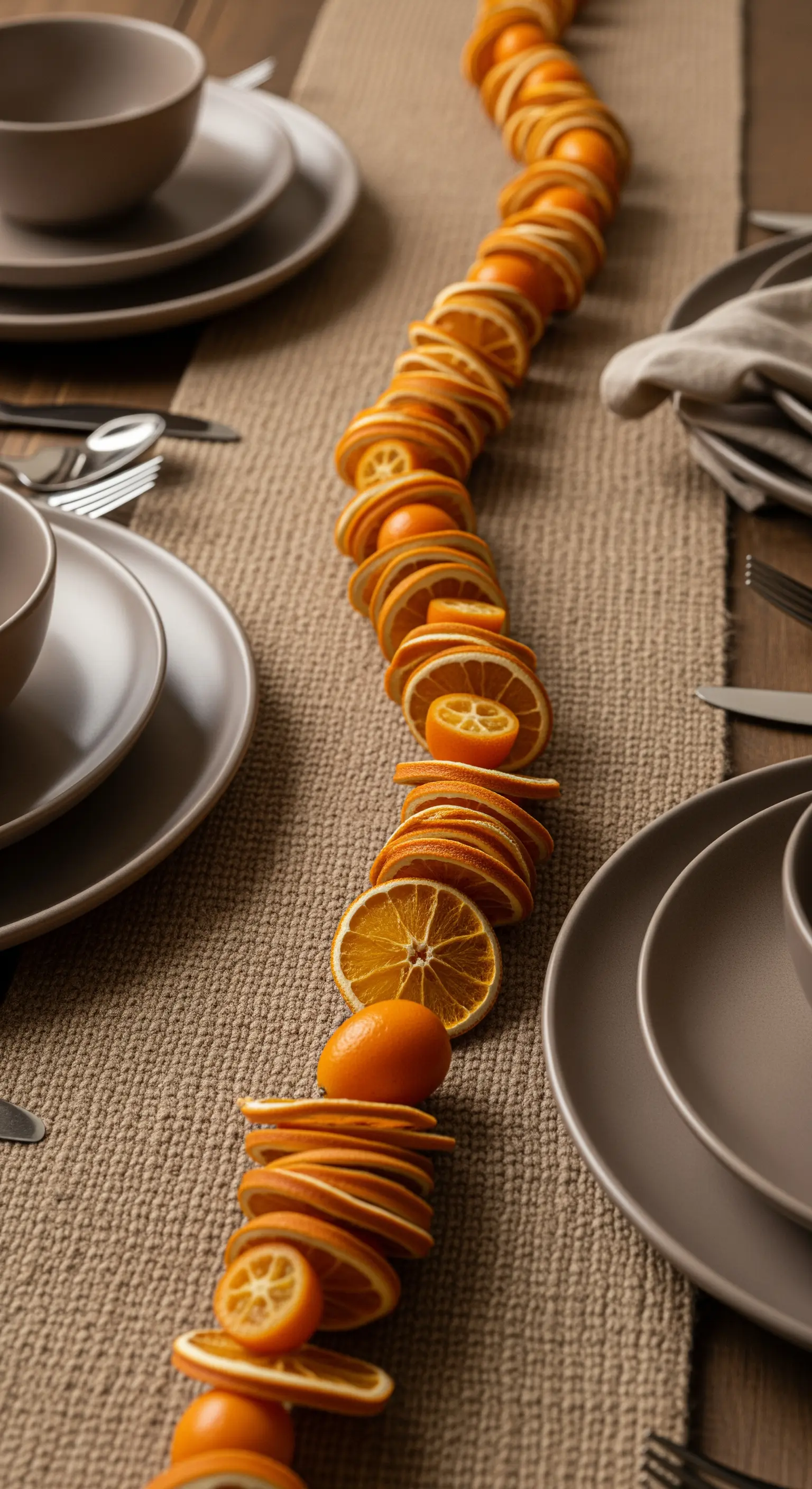 Lungo runner scultoreo realizzato interamente con fette di agrumi essiccati di varie dimensioni