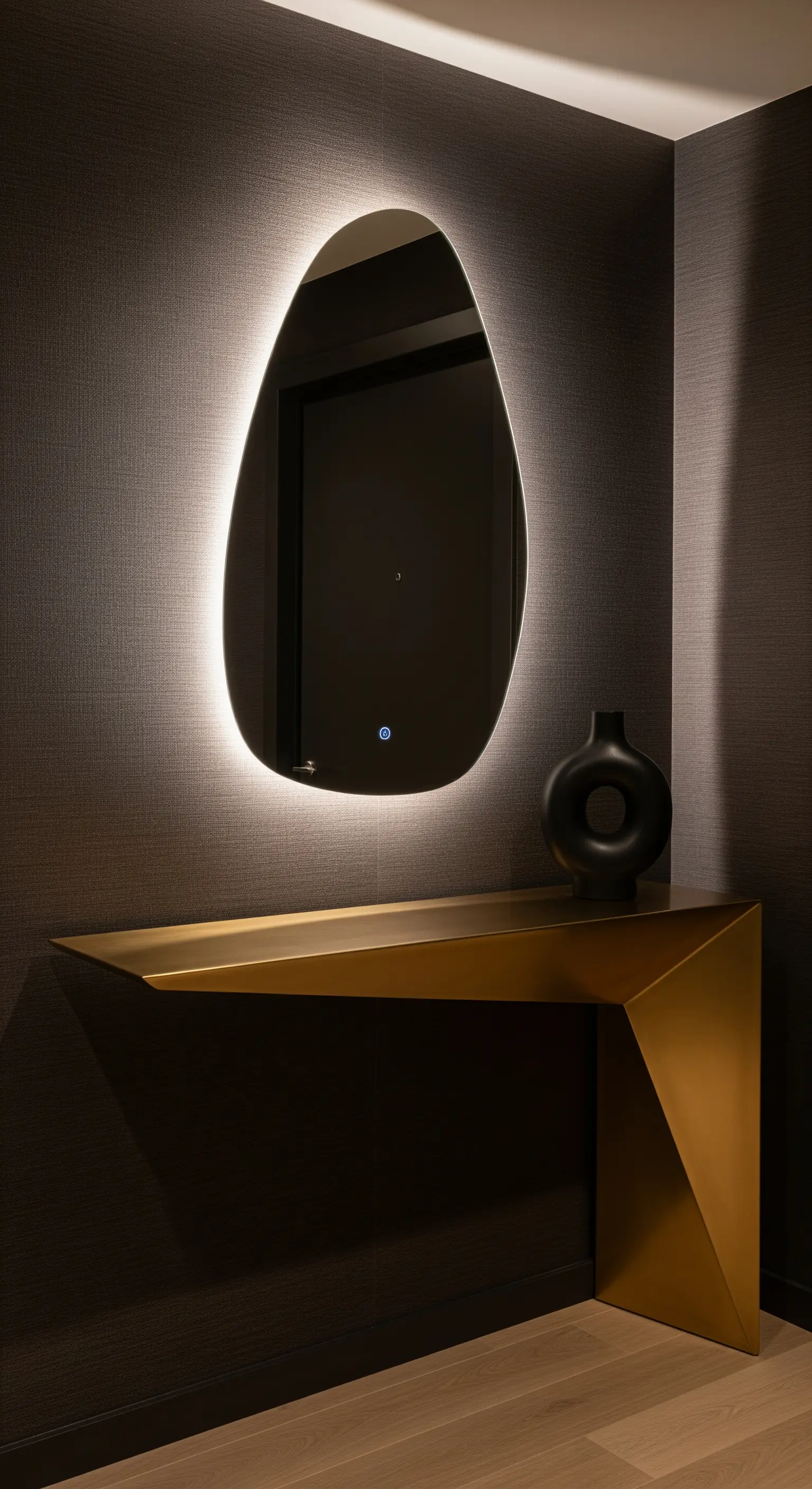 Specchio organico retroilluminato su parete scura con consolle dorata scultorea.