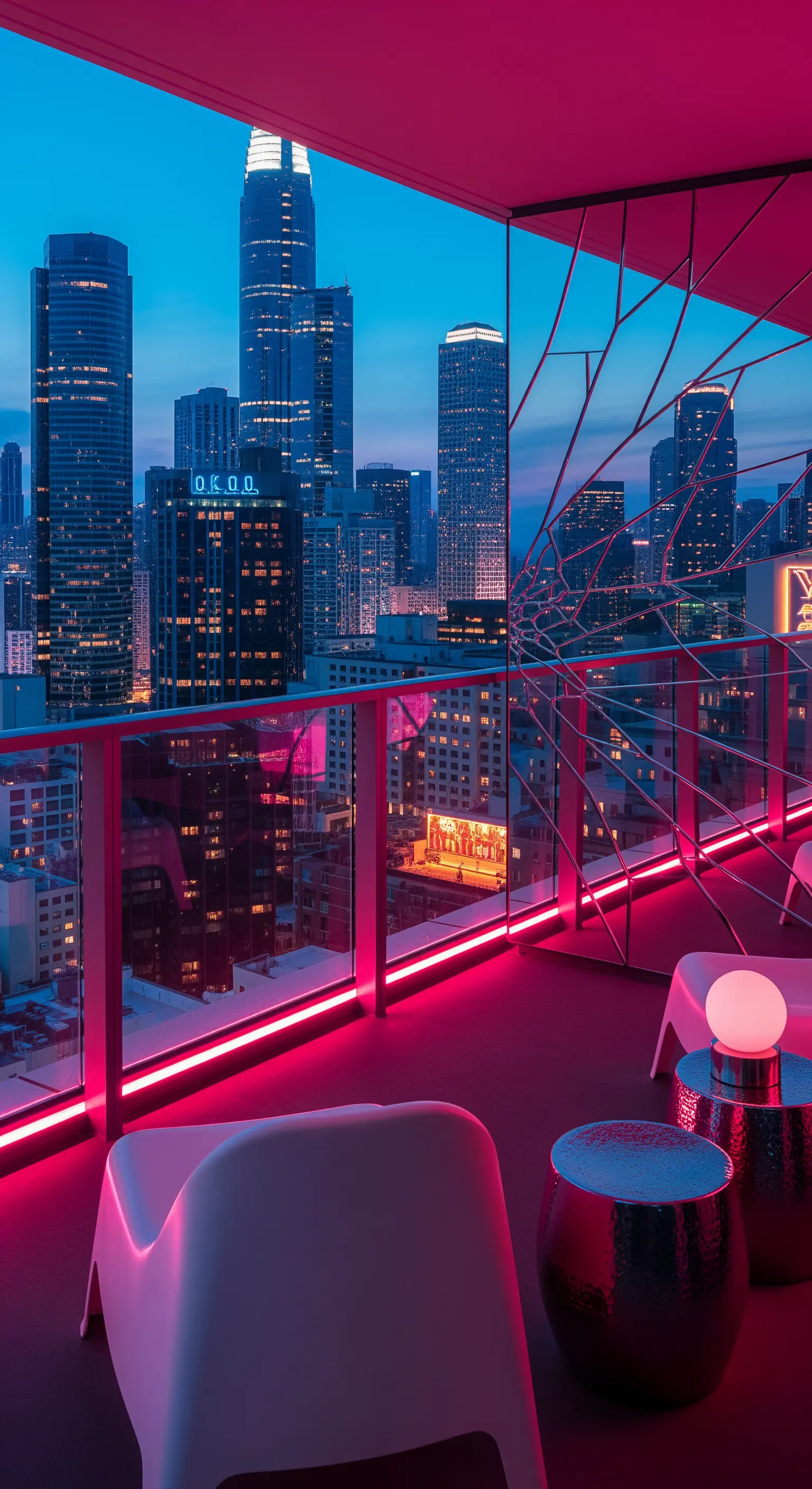 Balcone con vista sullo skyline illuminato da una luce LED fucsia e una scultura a specchio rotto.