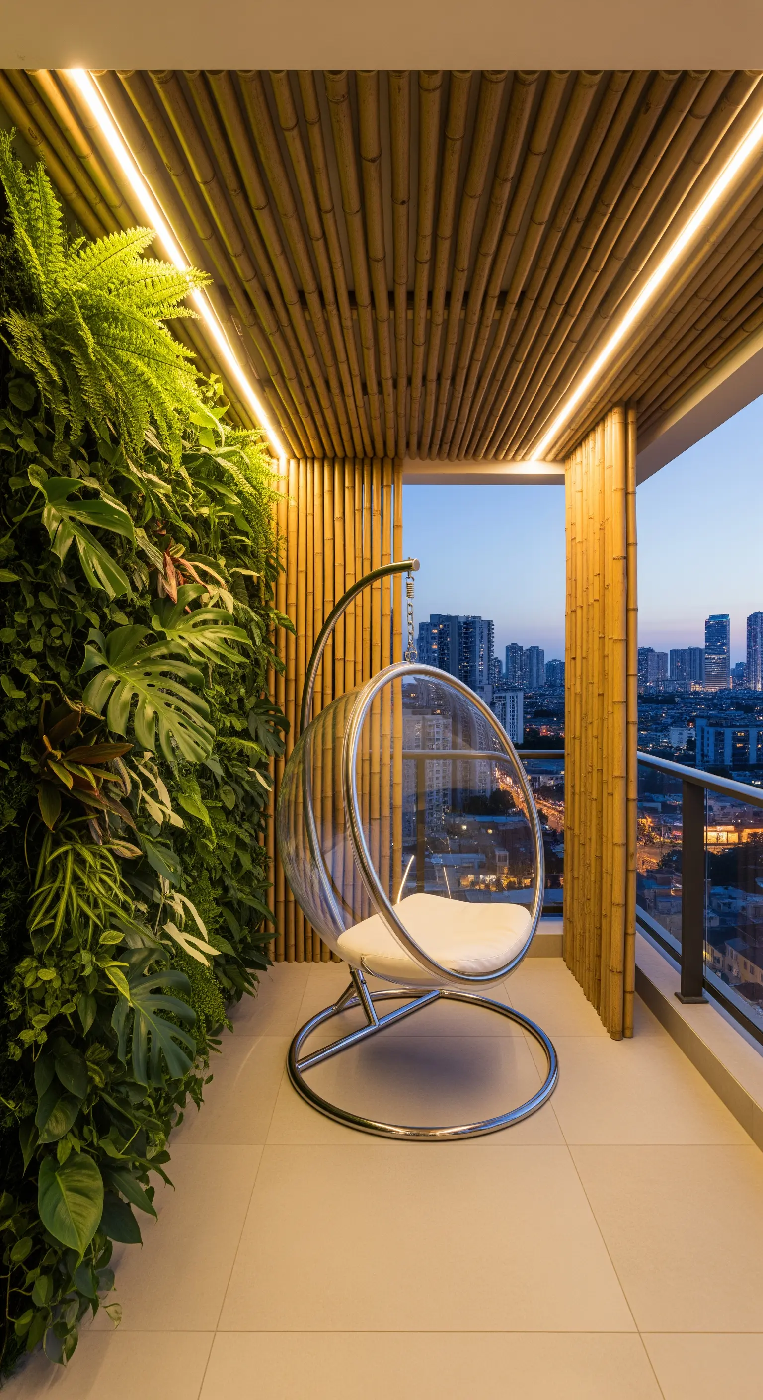 Balcone moderno con parete verde verticale e poltrona sospesa trasparente.