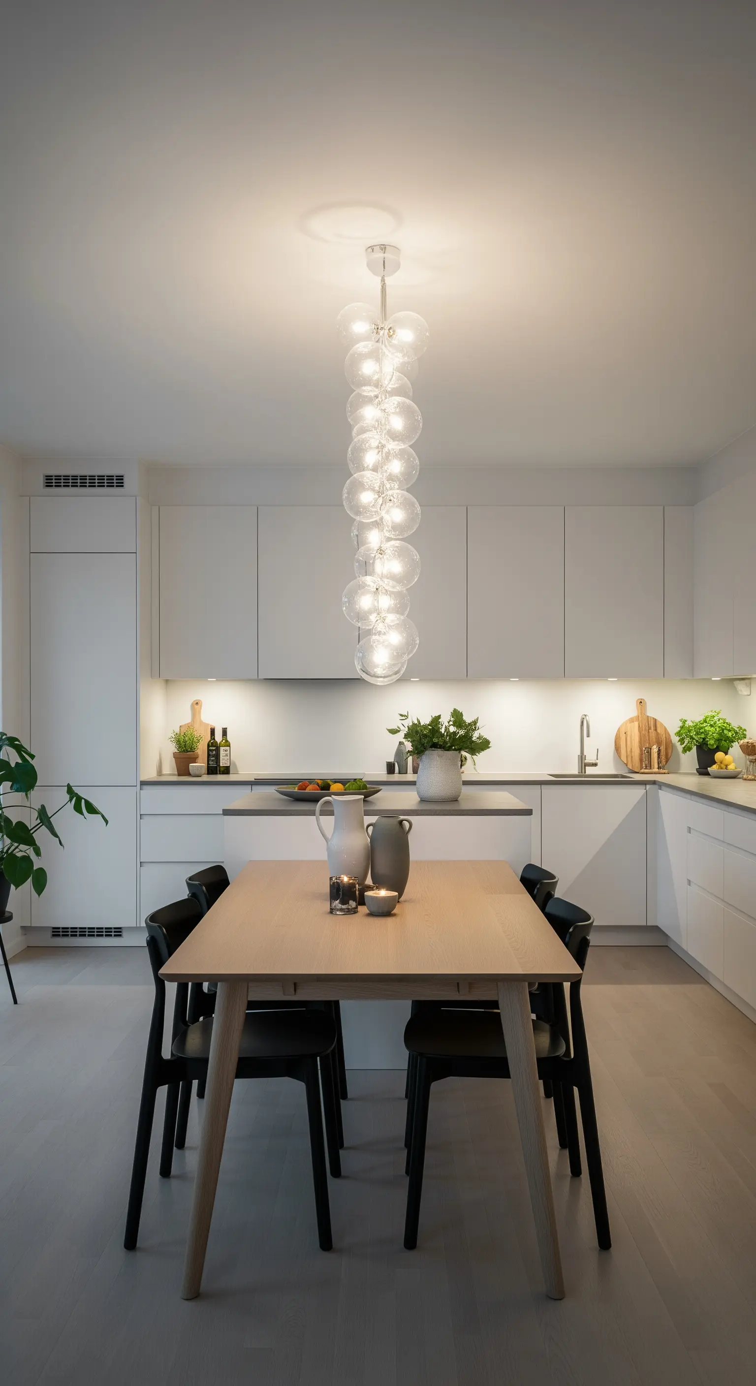 Cucina bianca moderna con un grande lampadario a grappolo di sfere di vetro sopra il tavolo da pranzo.