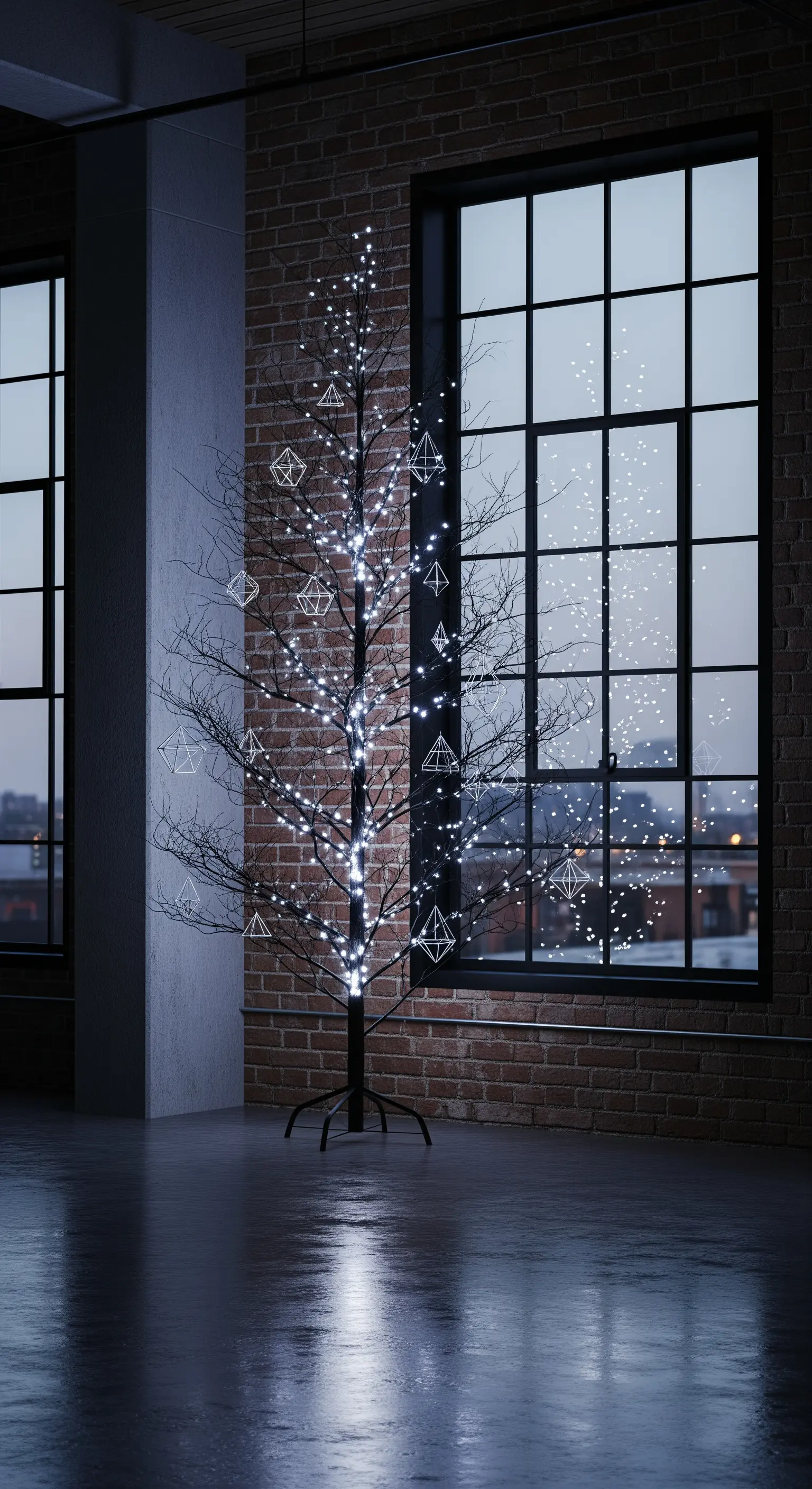 Albero stilizzato con rami nudi, luci a LED fredde e decorazioni geometriche in un loft