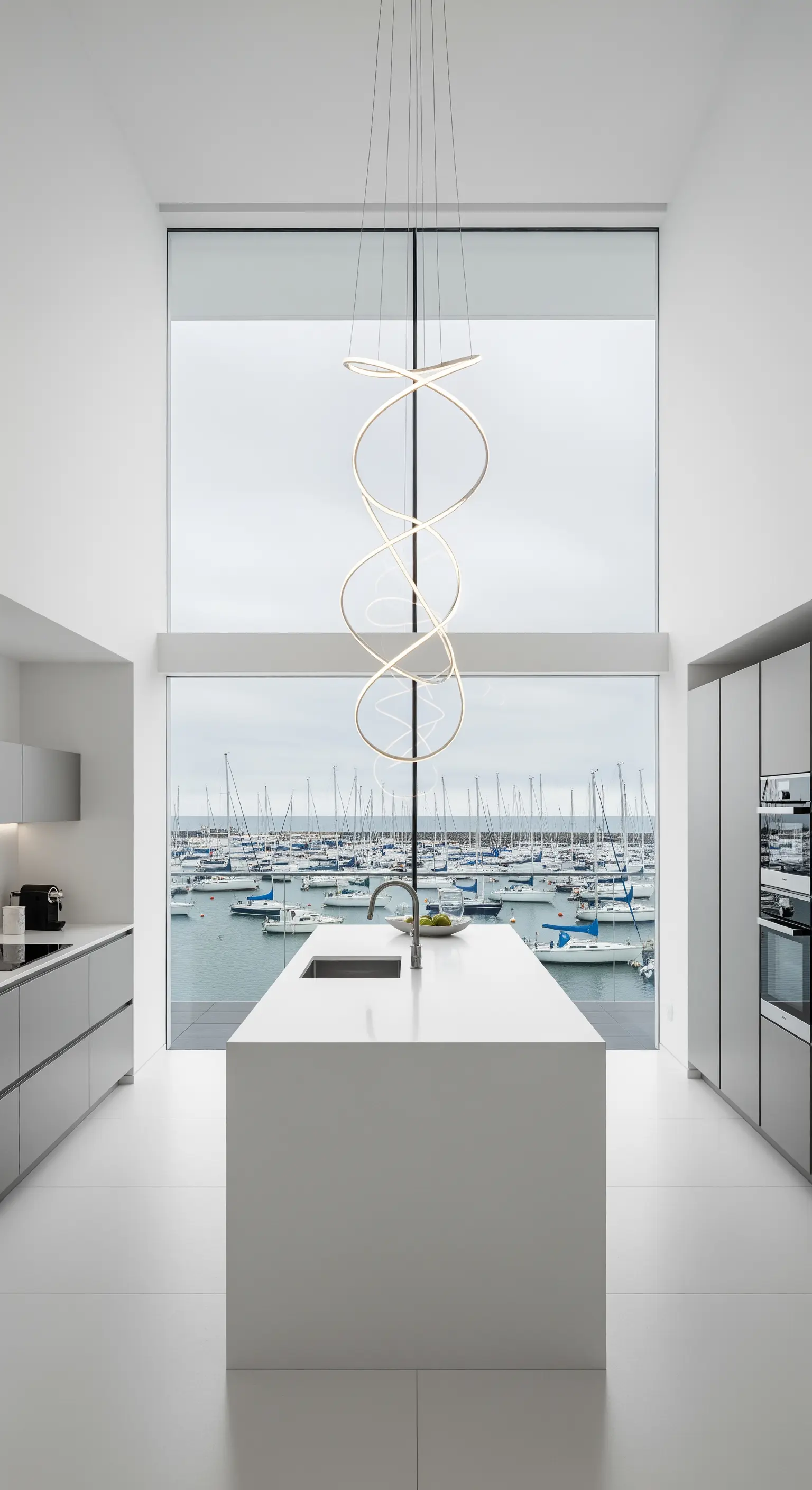 Cucina bianca minimalista con isola centrale e lampadario a spirale a LED