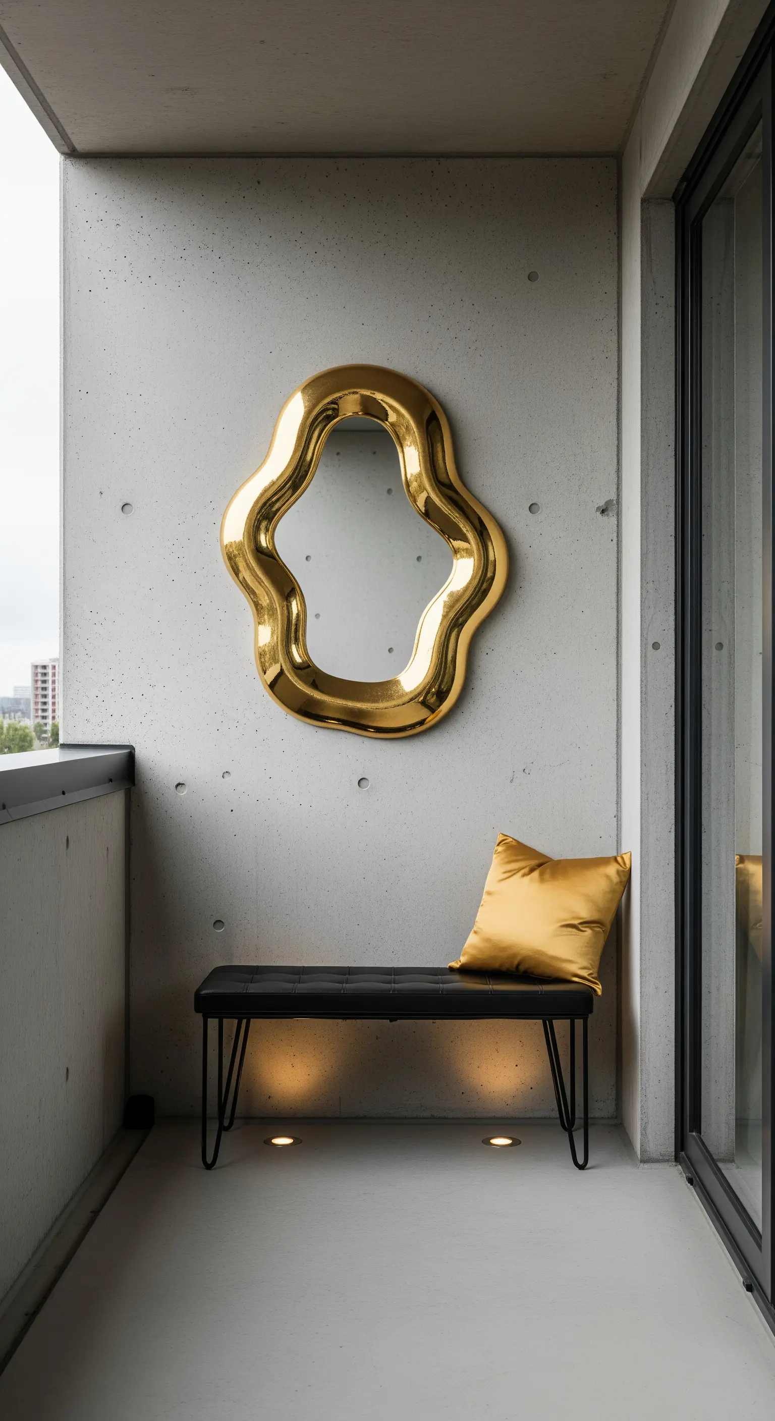 Balcone minimalista con parete in cemento, specchio dorato di forma organica e panca nera