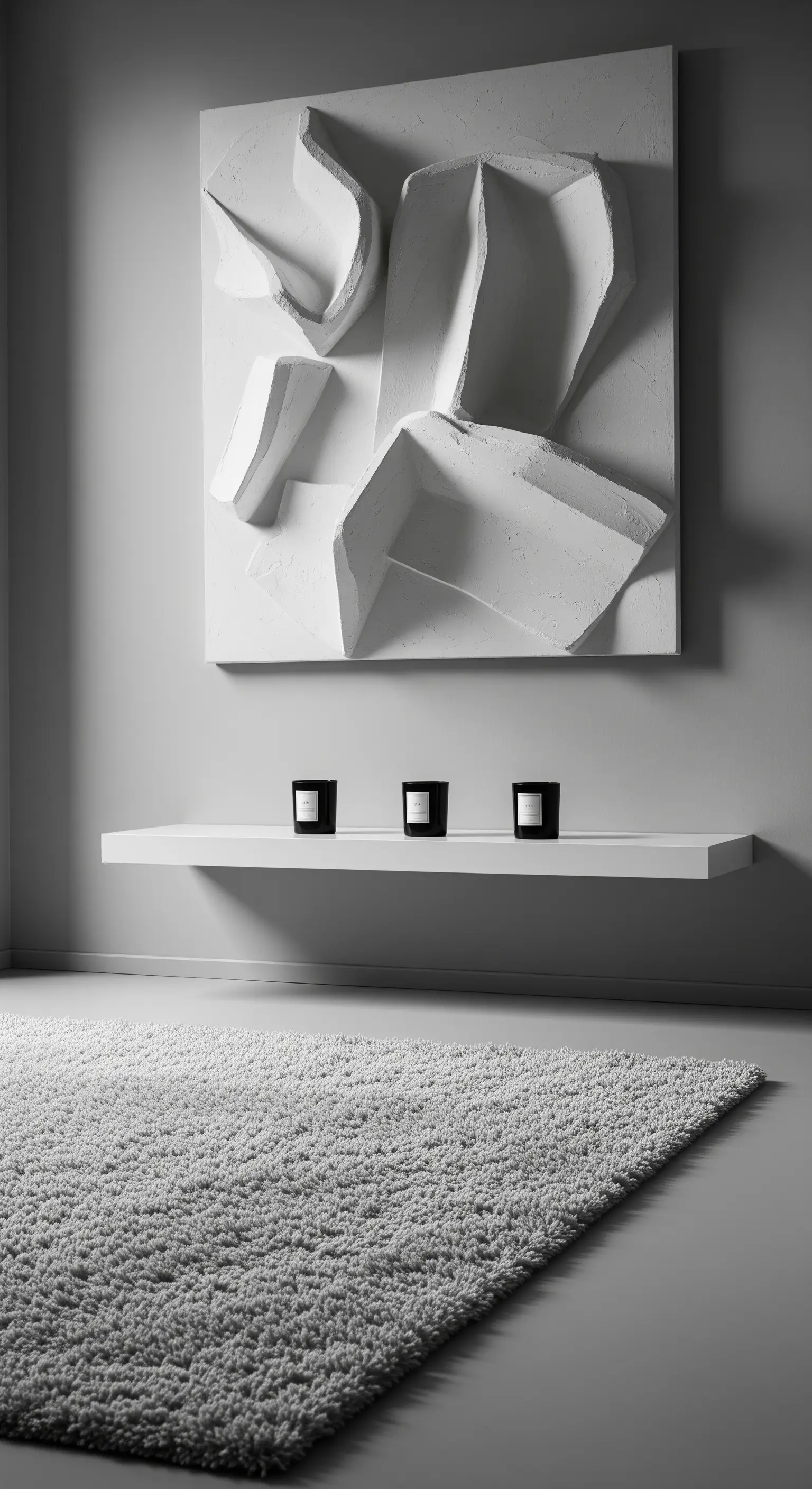 Ingresso total white con tappeto a pelo lungo, mensola sospesa e opera d'arte scultorea.