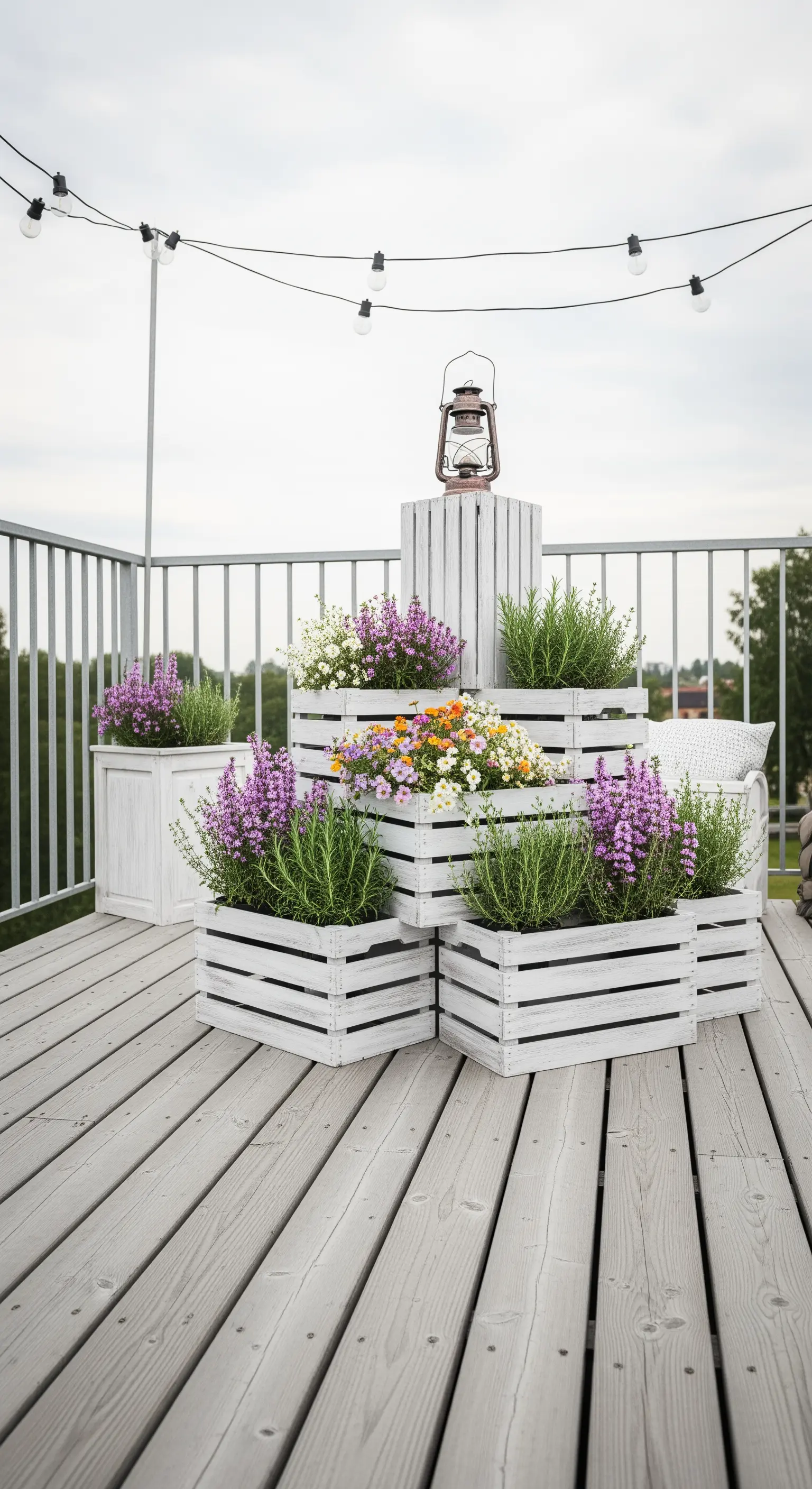 Piramide di cassette di legno bianche con fiori viola e una lanterna, sotto fili di luci.
