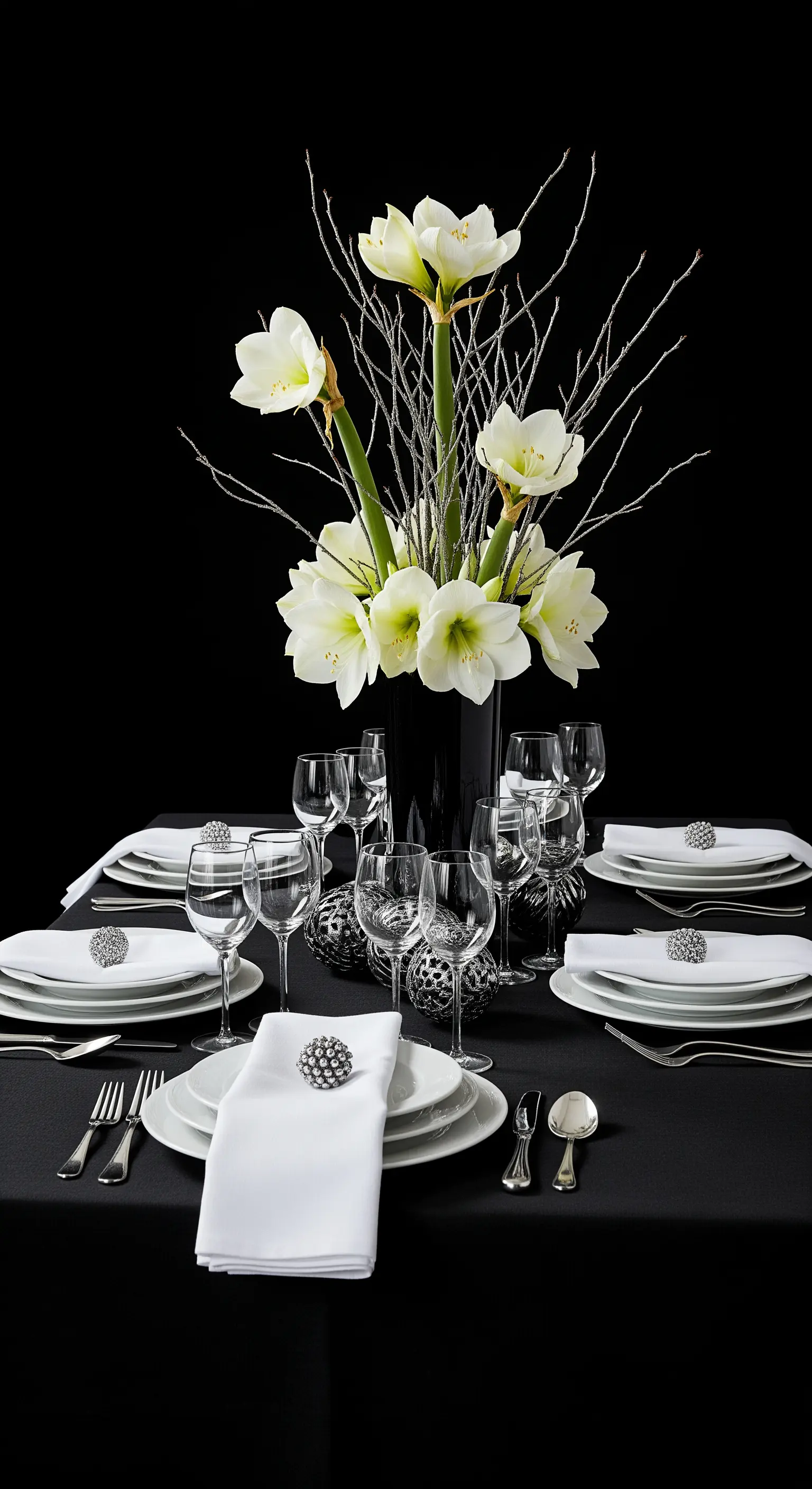 Centrotavola scultoreo con amaryllis bianchi e rami argentati su una tavola total black.