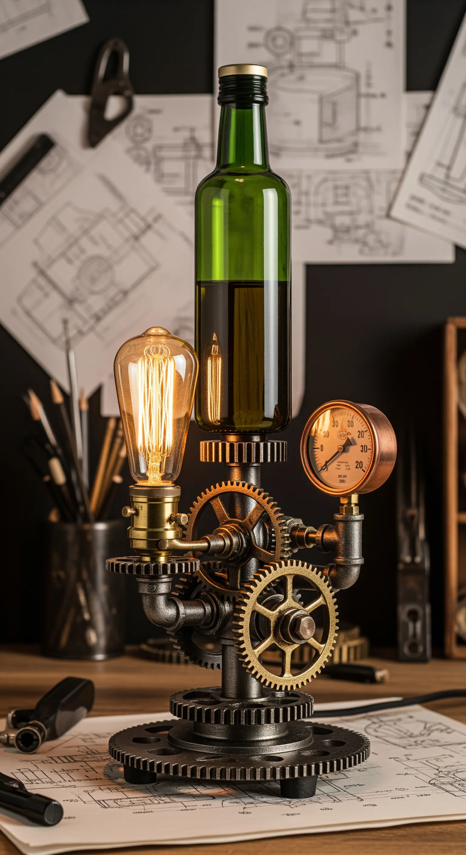 Elaborata lampada steampunk con bottiglia, ingranaggi, tubi e manometro.