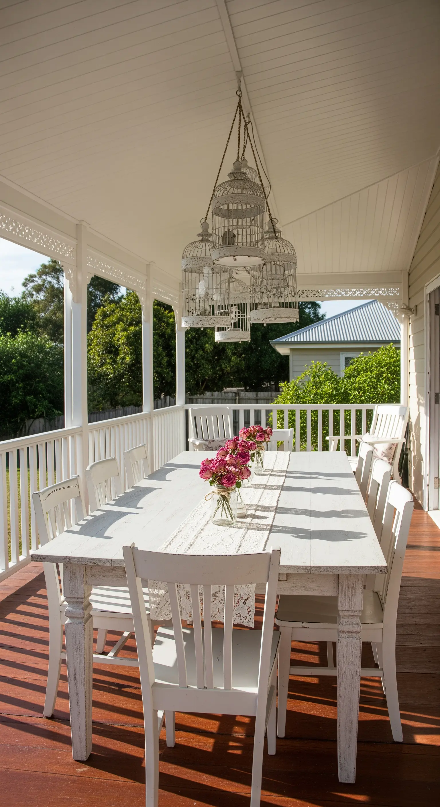 Tavolo da pranzo bianco in veranda con un gruppo di gabbiette decorative appese come lampadario.