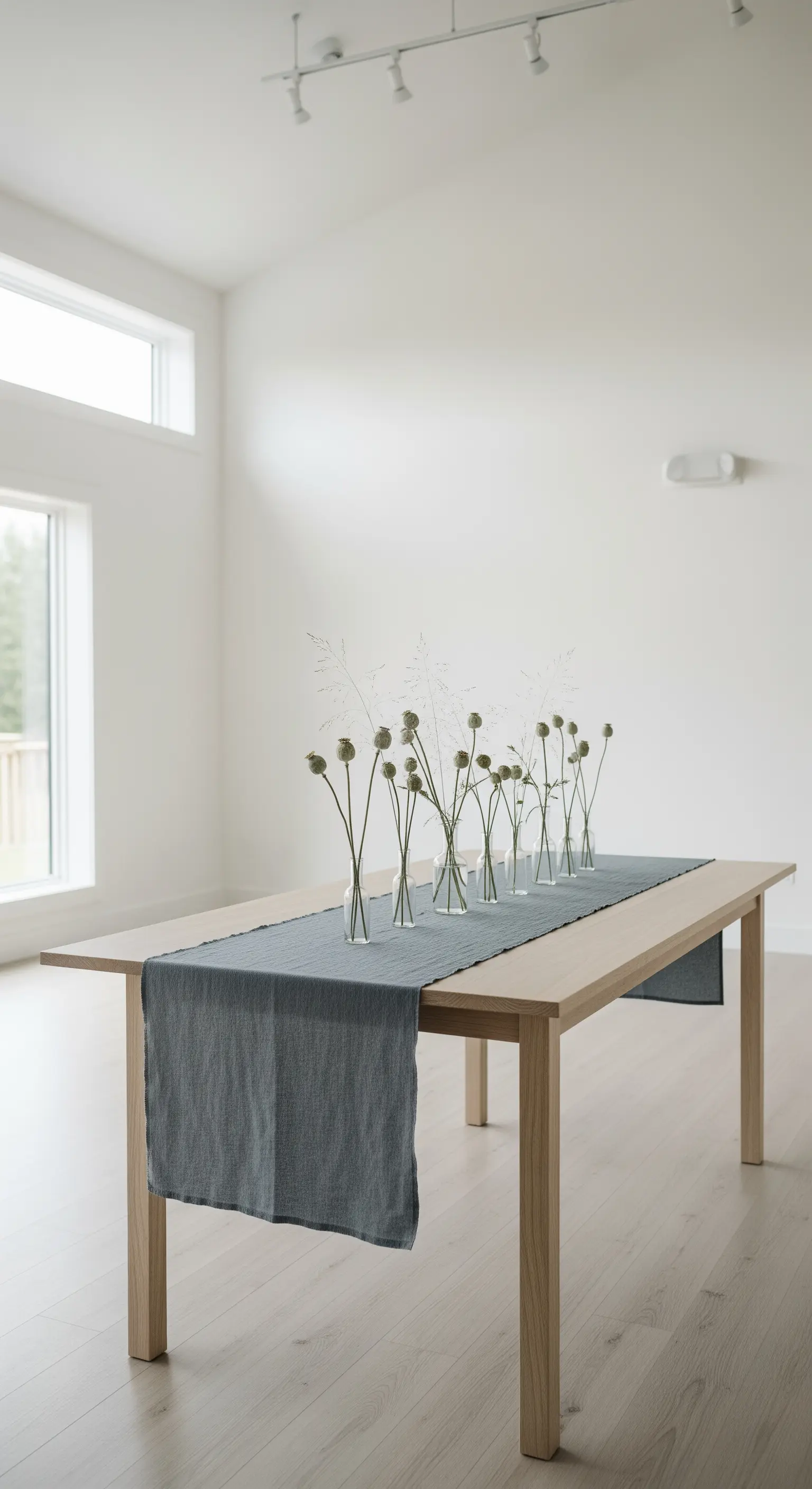 Tavolo in legno in una stanza minimalista con runner grigio e papaveri secchi in vasetti.