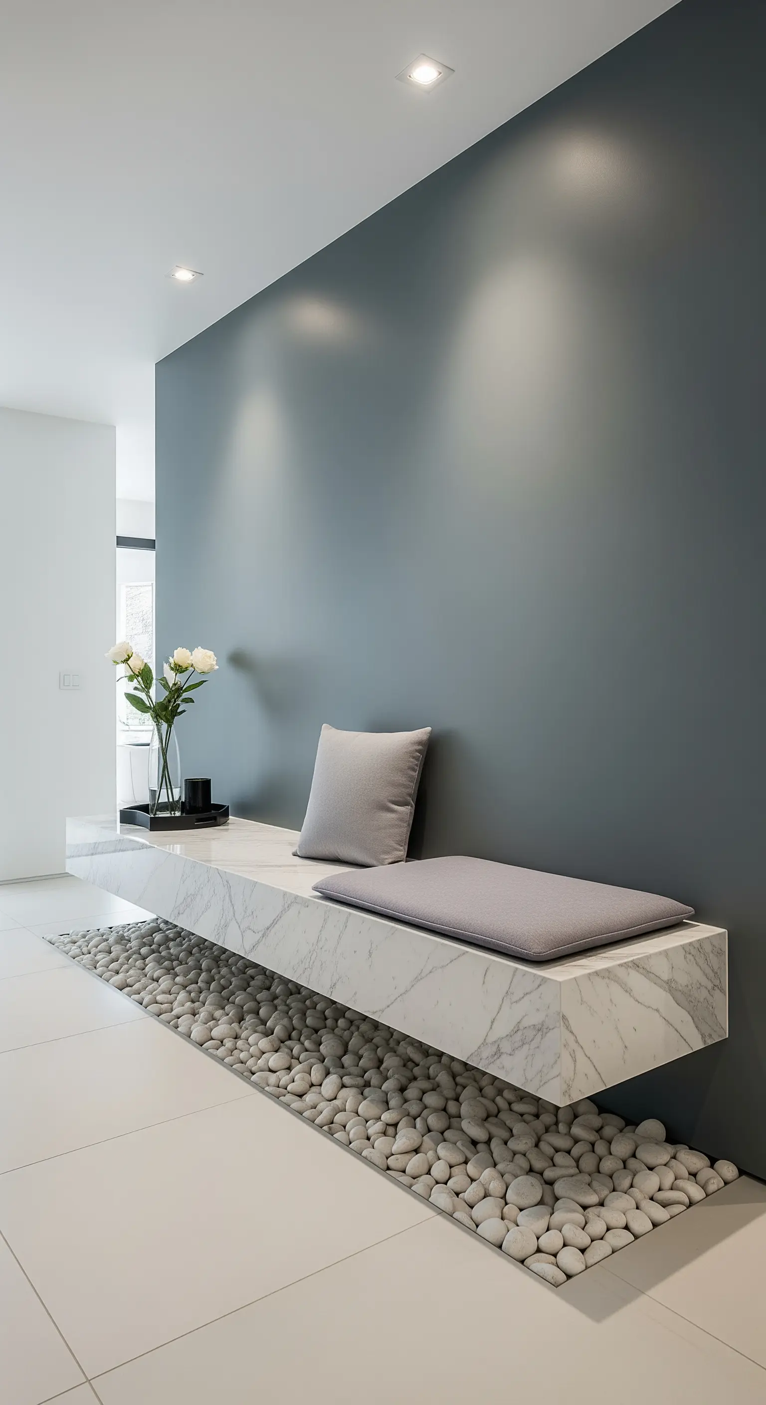 Panca sospesa in marmo bianco sopra un letto di ciottoli bianchi, contro una parete grigia.