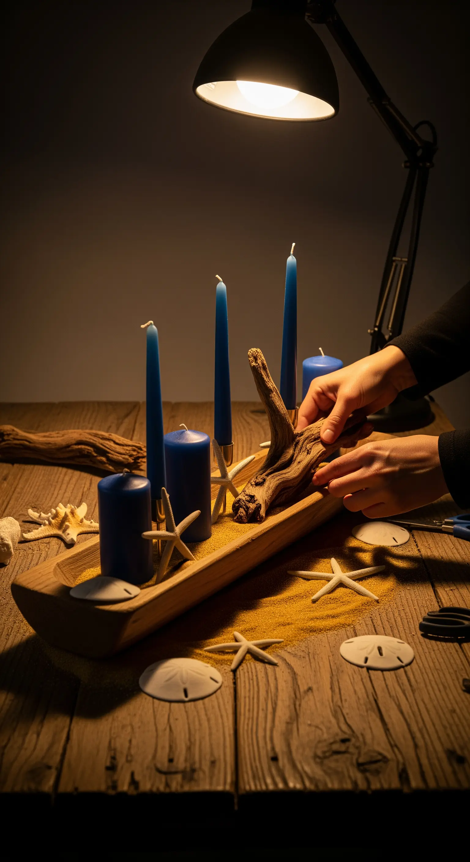 Mani che assemblano un centrotavola marino con legno levigato, candele blu e stelle marine.