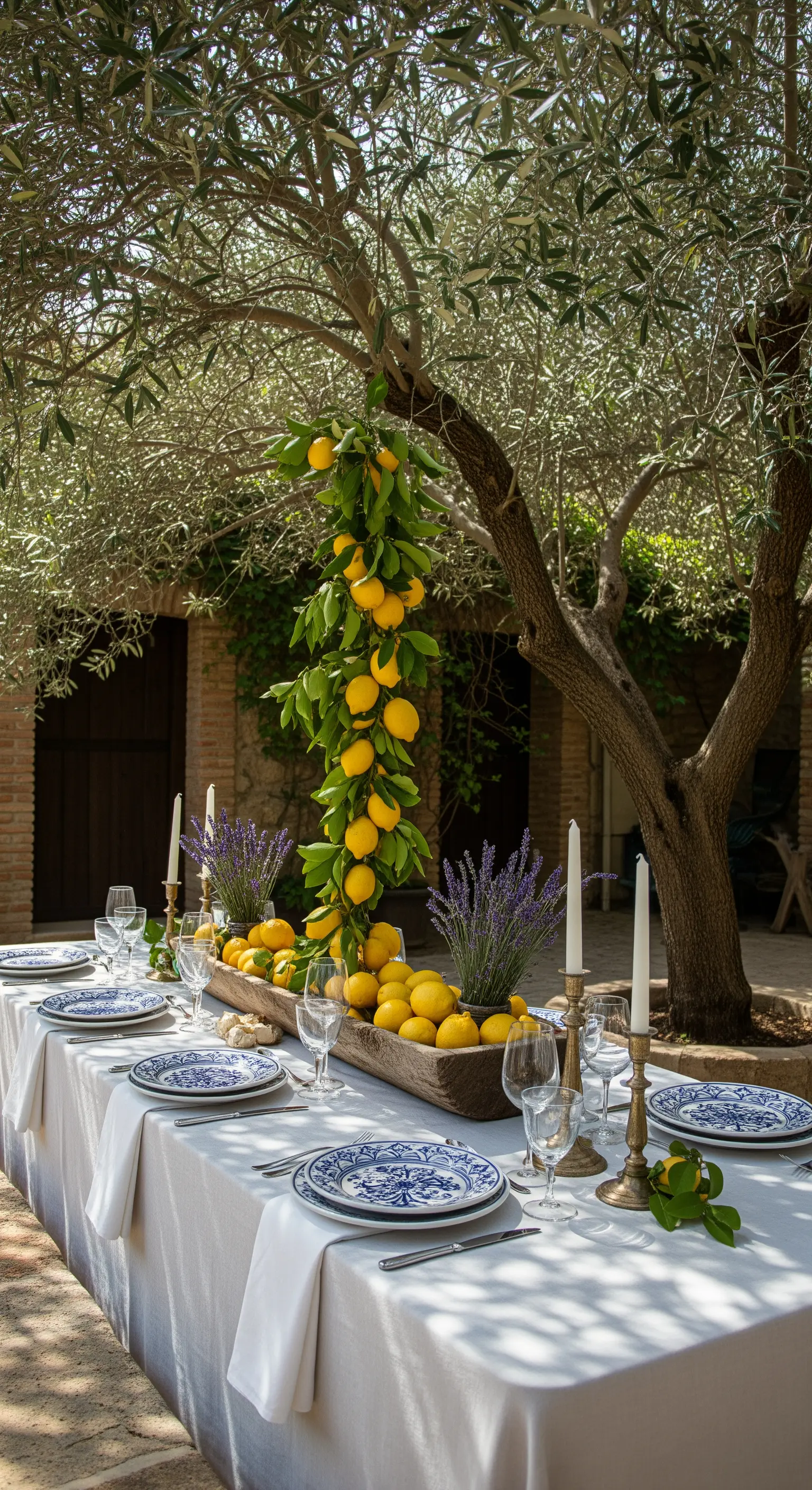 Tavola sotto un ulivo con una cascata di limoni come centrotavola e candele.