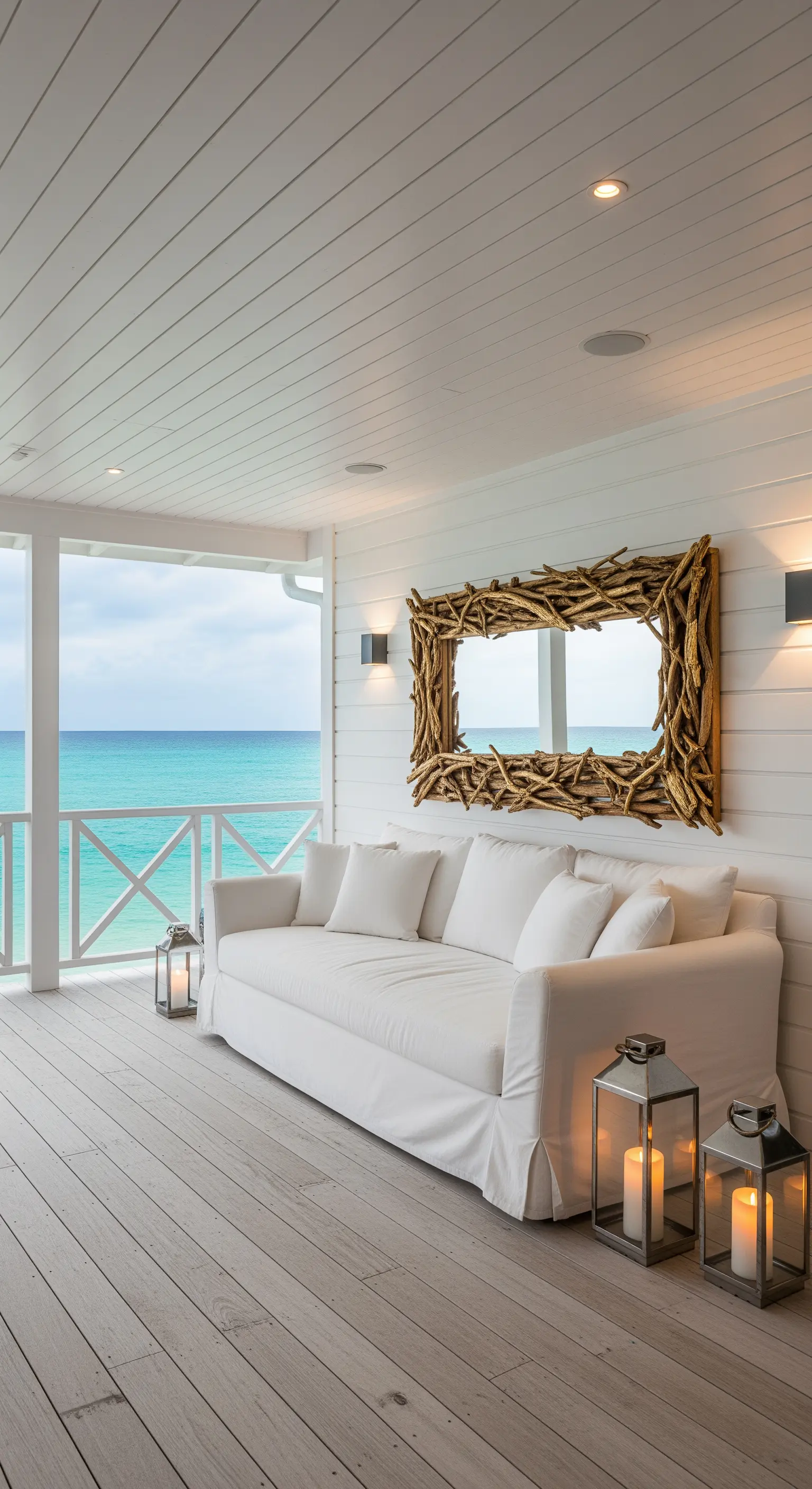 Veranda vista mare con divano bianco, pareti a listelli e uno specchio con cornice in legno intrecciato