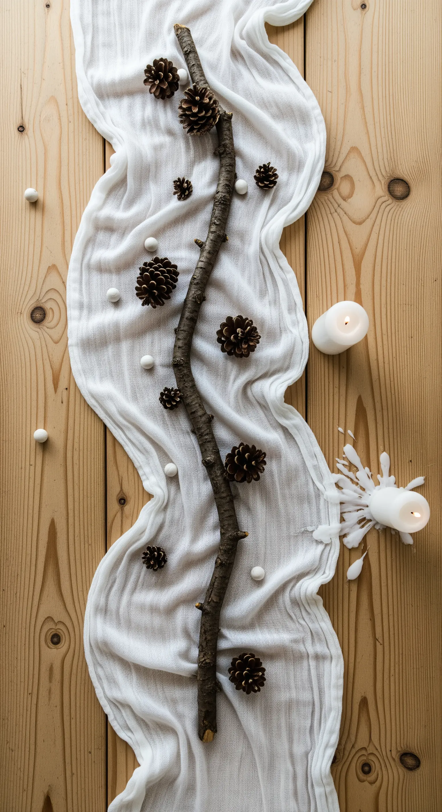 Centrotavola fai-da-te con un ramo secco, pigne e un runner bianco ondulato.