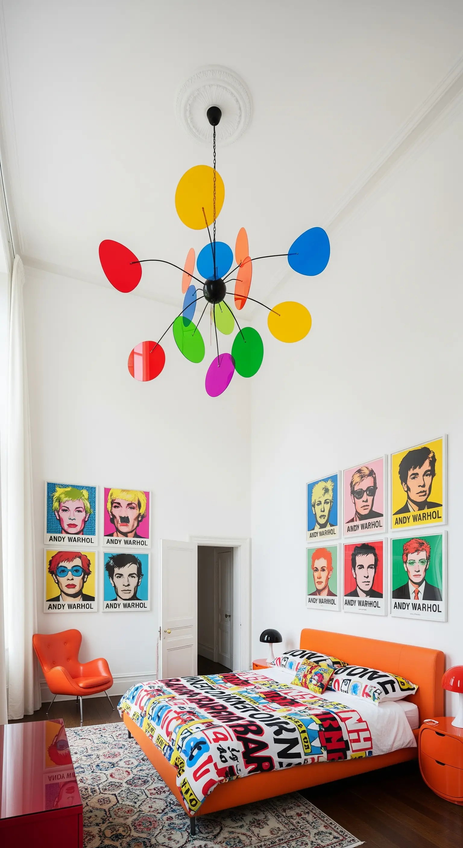 Lampadario colorato in stile mobile di Calder in una camera da letto a tema Pop Art.