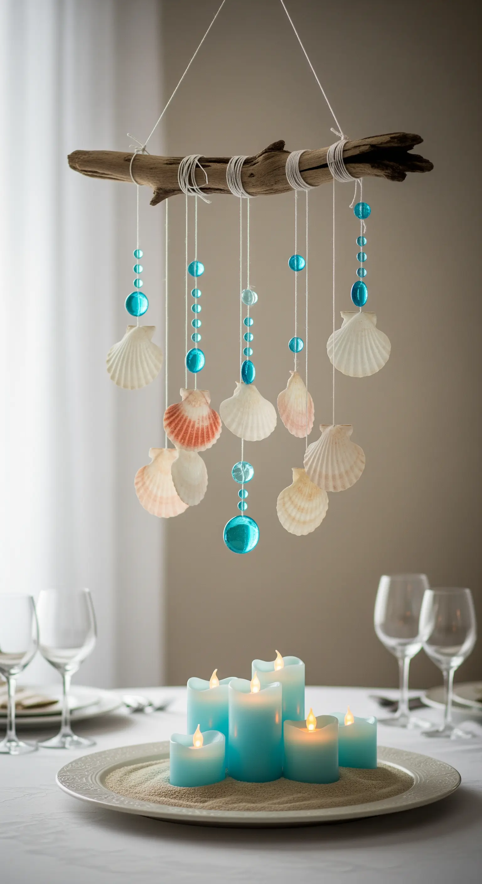 Decorazione sospesa con legno, conchiglie e perline sopra un piatto con candele a LED.
