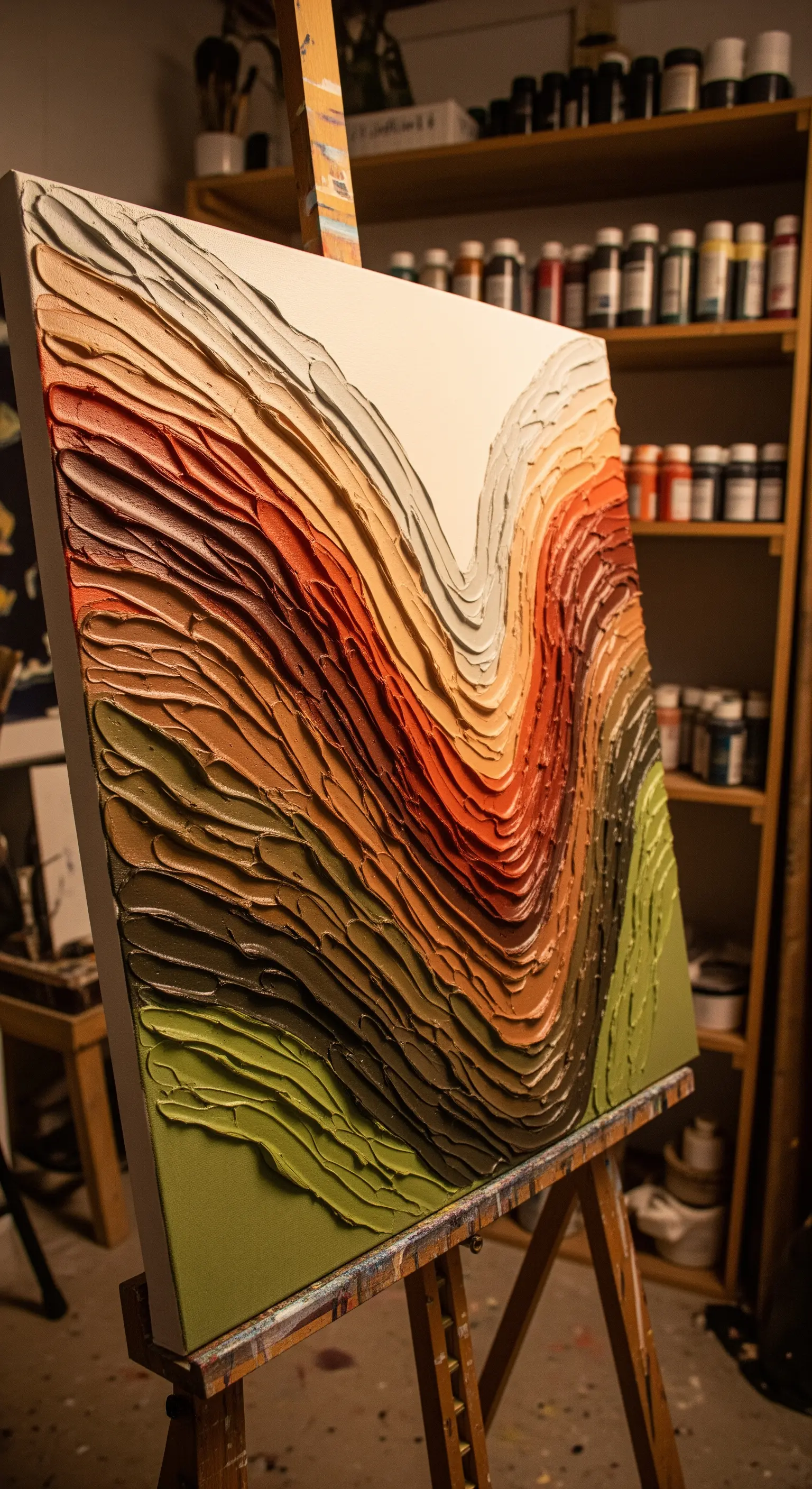 Quadro astratto con pittura a spessore e texture tridimensionale in toni caldi.