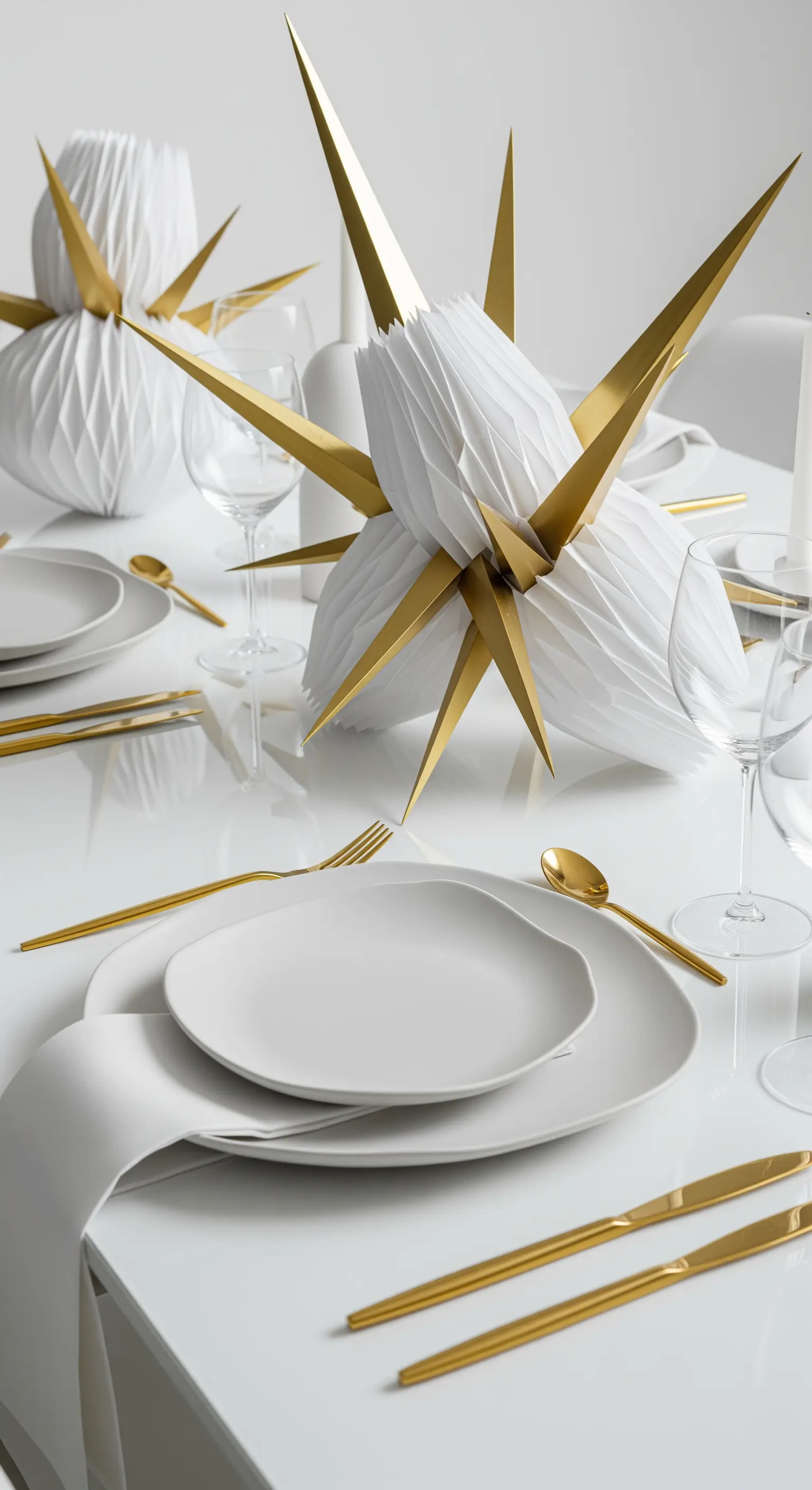 Centrotavola moderno e scultoreo in carta bianca e dettagli dorati a punta.