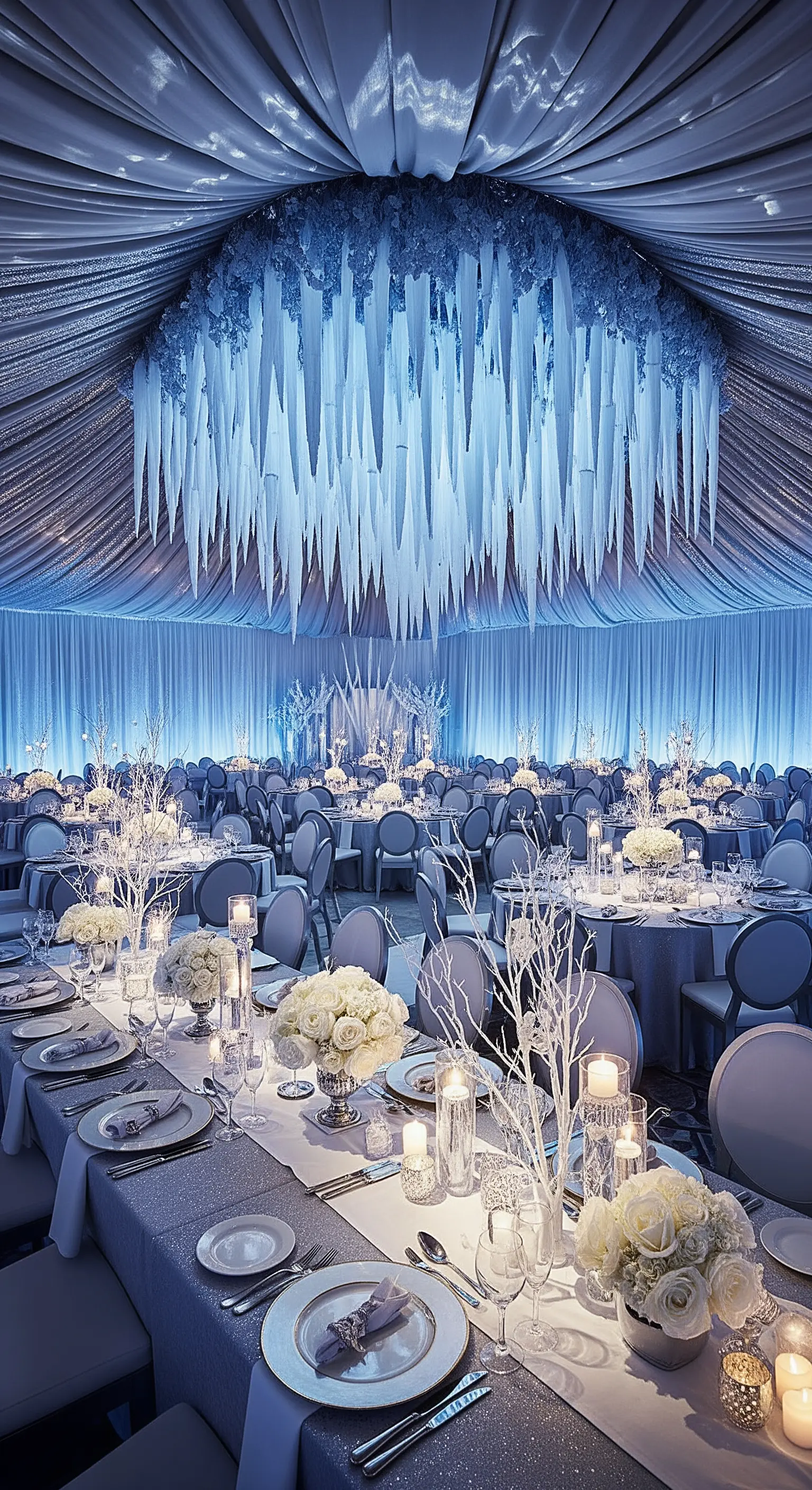 Sala da ricevimento a tema invernale con decorazioni simili a ghiaccio e luci bluastre.