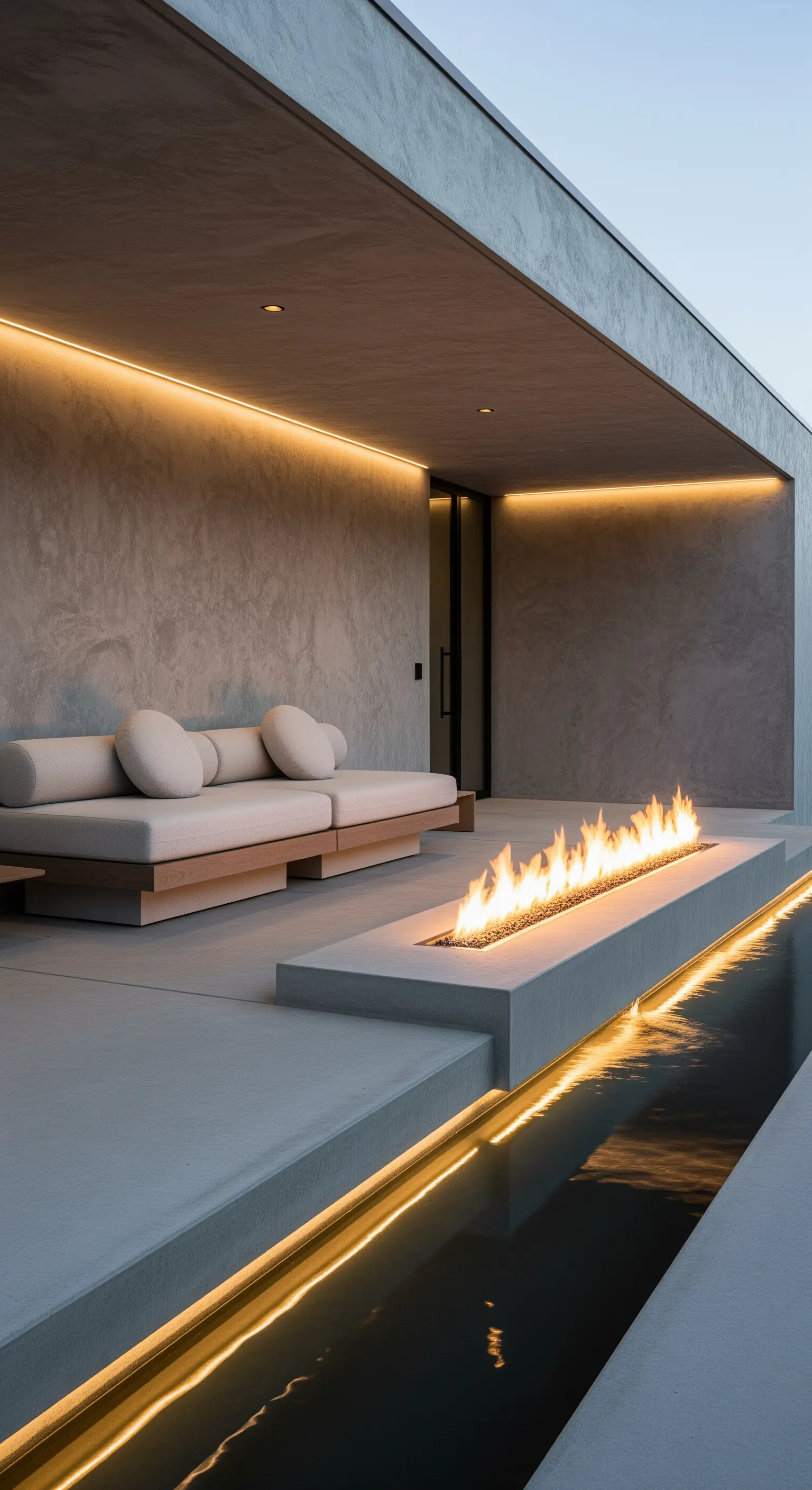 Patio minimalista con divano organico, braciere lineare e illuminazione LED integrata.