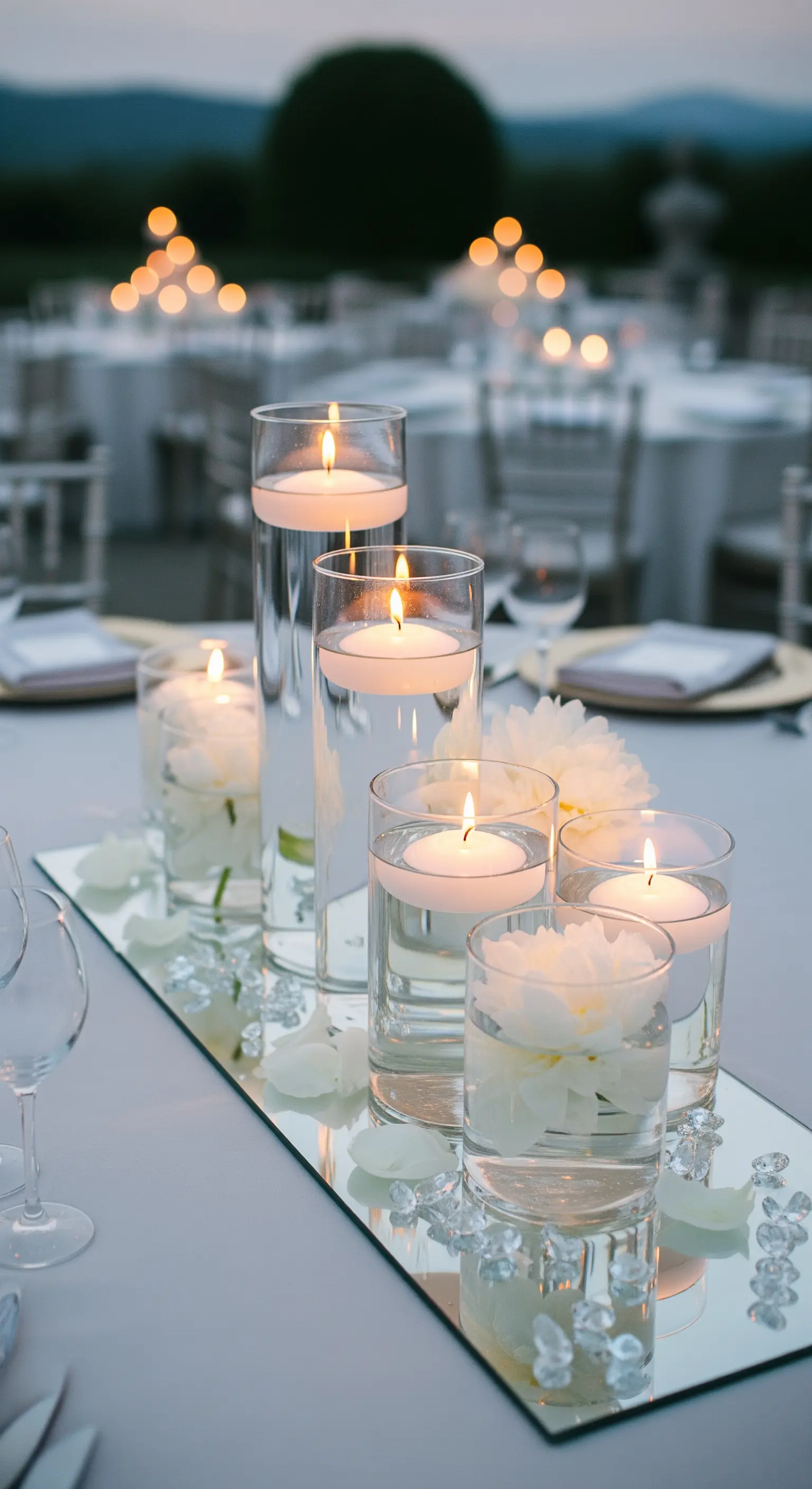 Centrotavola con vasi cilindrici, candele galleggianti, peonie bianche e base a specchio.