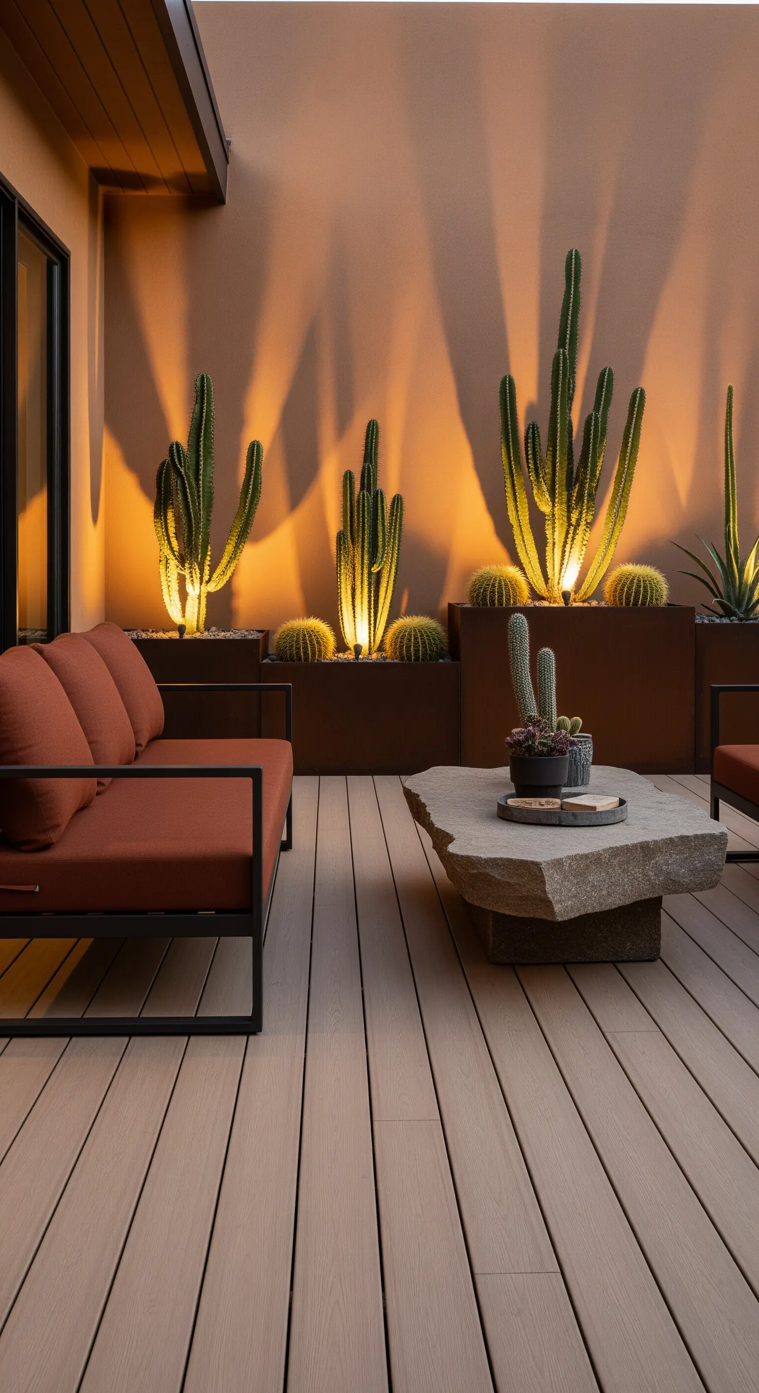 Patio con cactus illuminati dal basso, fioriere in corten e divano color terracotta.