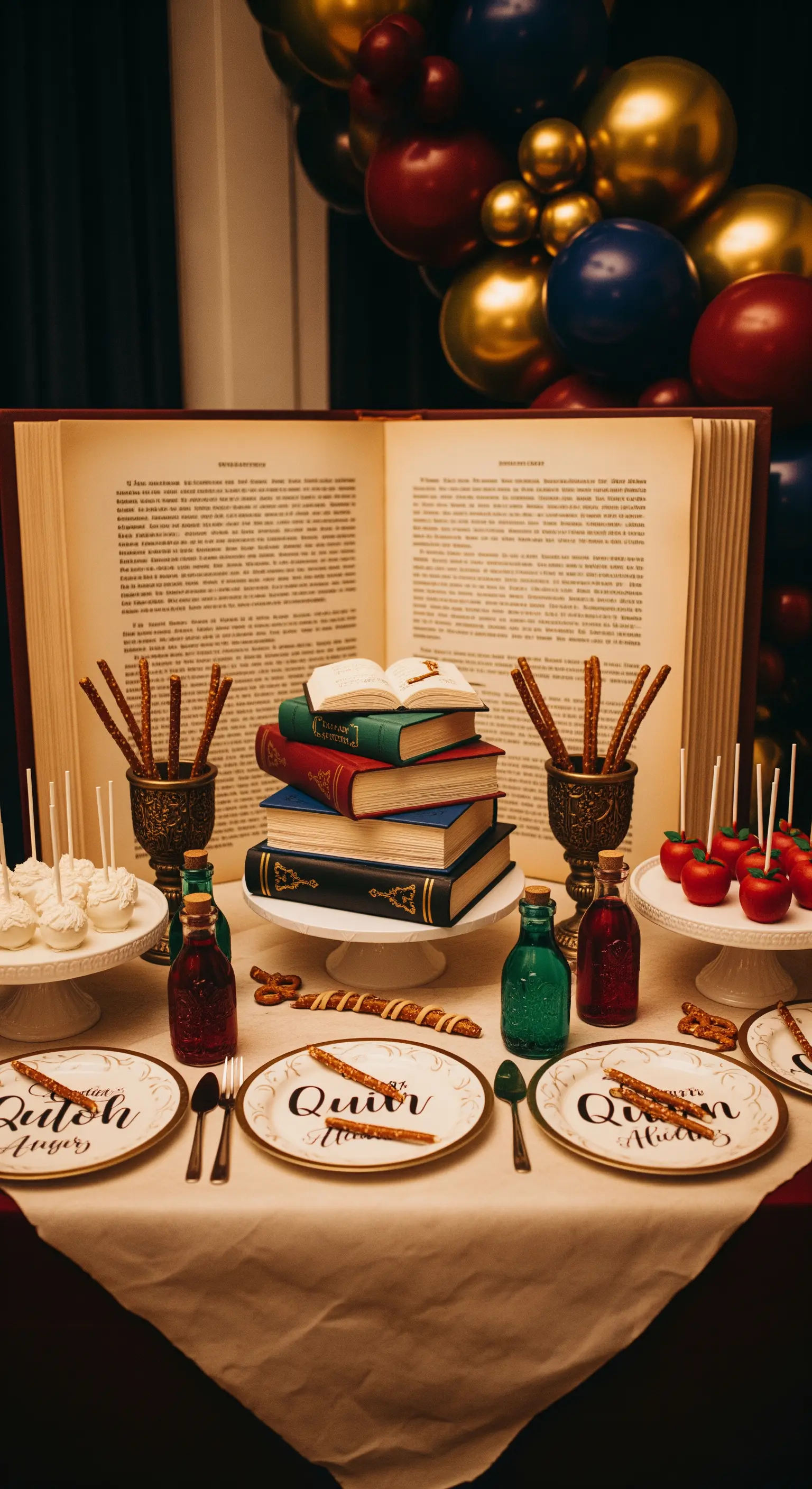 Festa a tema scuola di magia con libri antichi, pozioni, bacchette e palloncini bordeaux e oro.