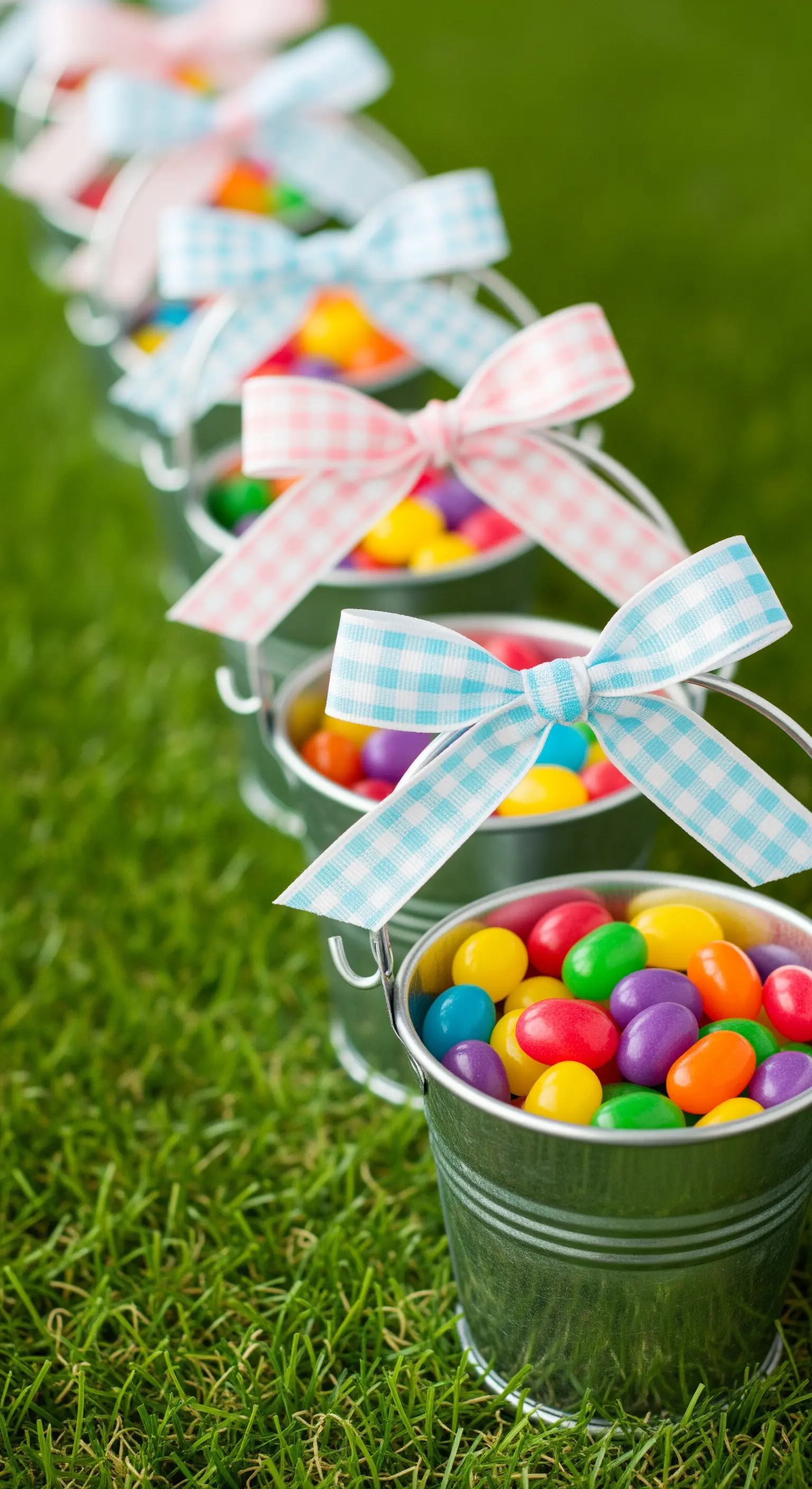 Mini secchielli di latta con fiocchi a quadretti e caramelle colorate.