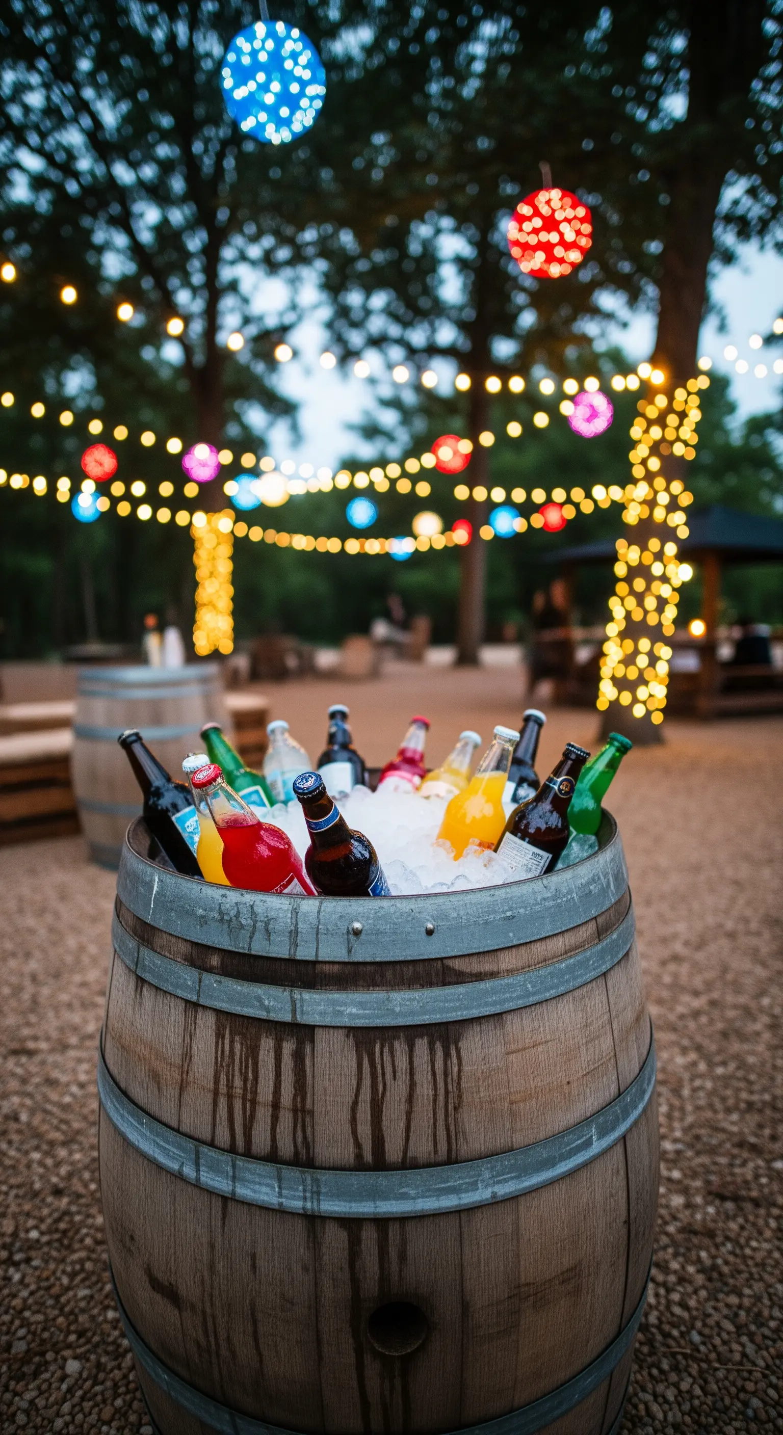 Botte di vino riempita di ghiaccio e usata come contenitore per bevande a una festa.