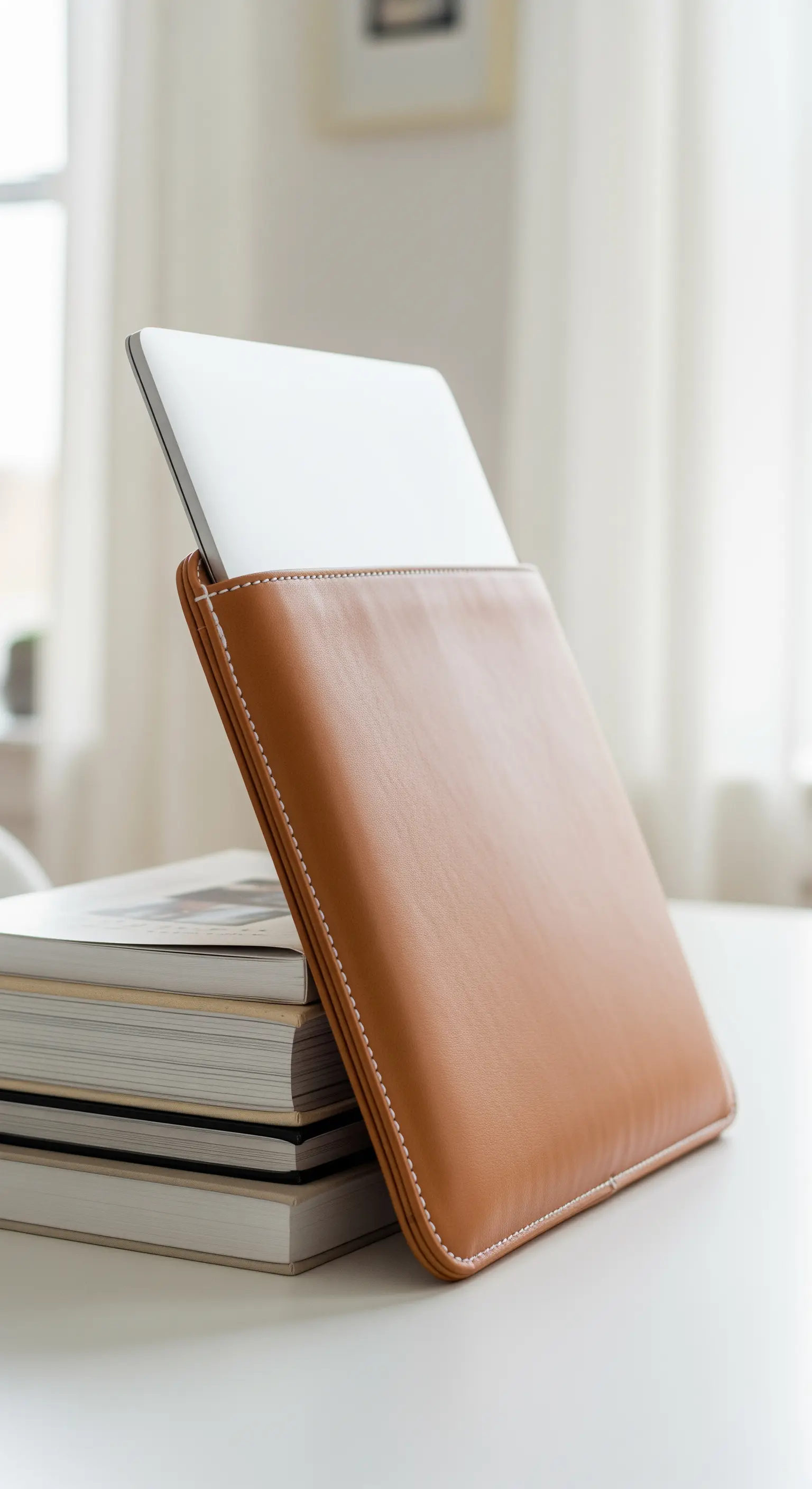 Custodia per laptop in pelle marrone con cuciture bianche, appoggiata su una pila di libri.